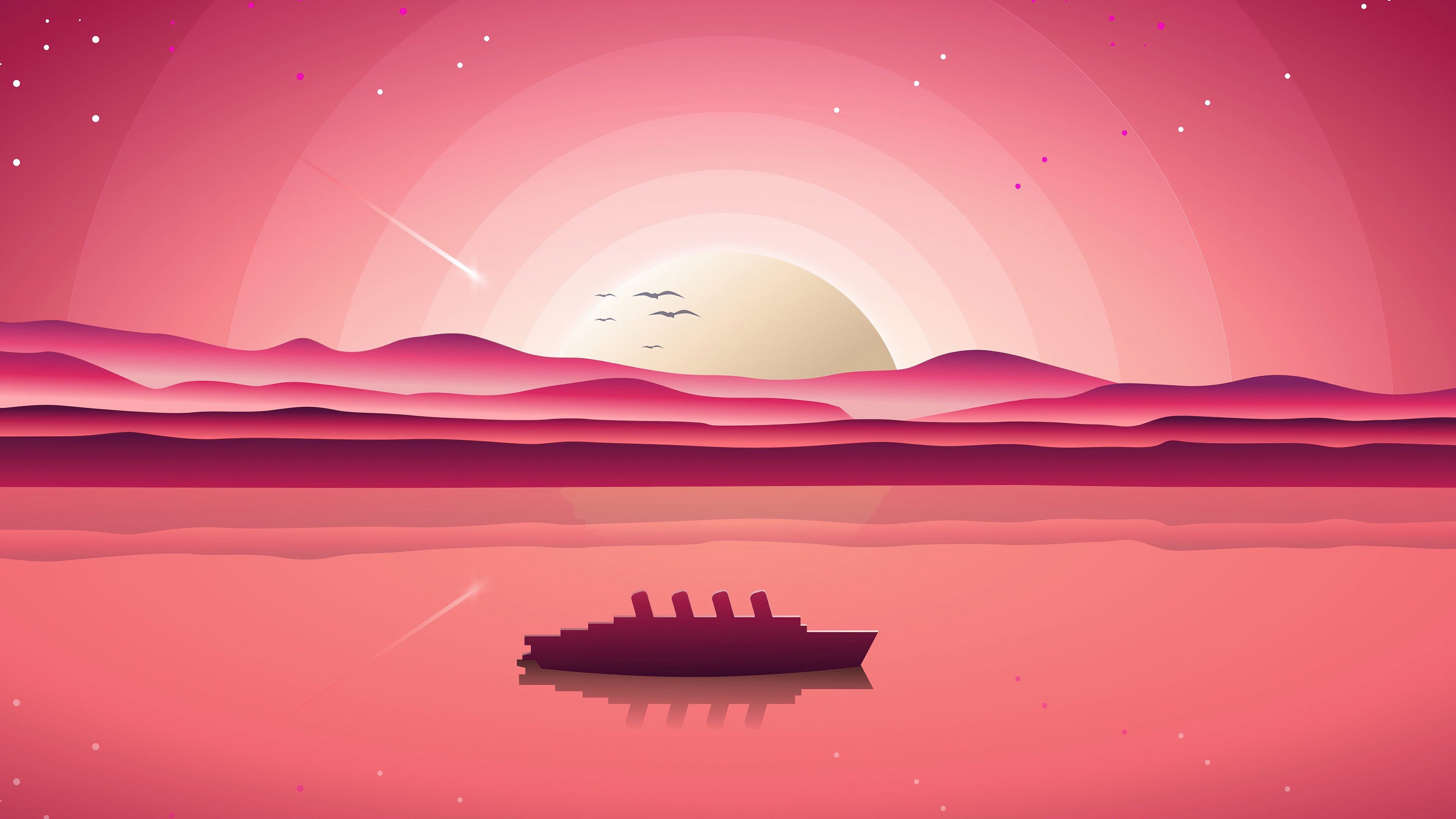 Minimalist sunset over water with ship and mountains HD Wallpaper