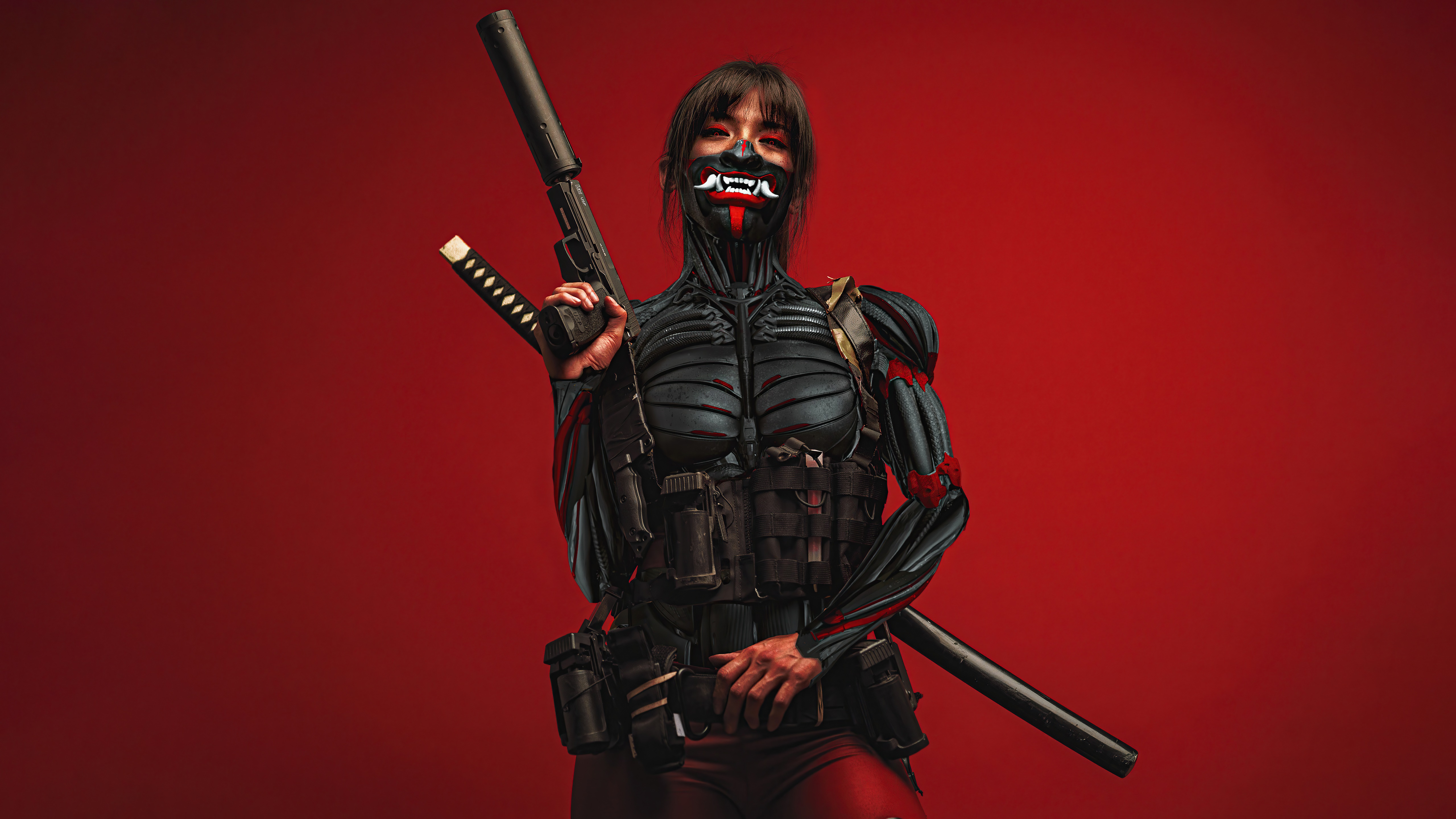 Woman with cybernetic enhancements and mask holding a rifle and katana HD Wallpaper
