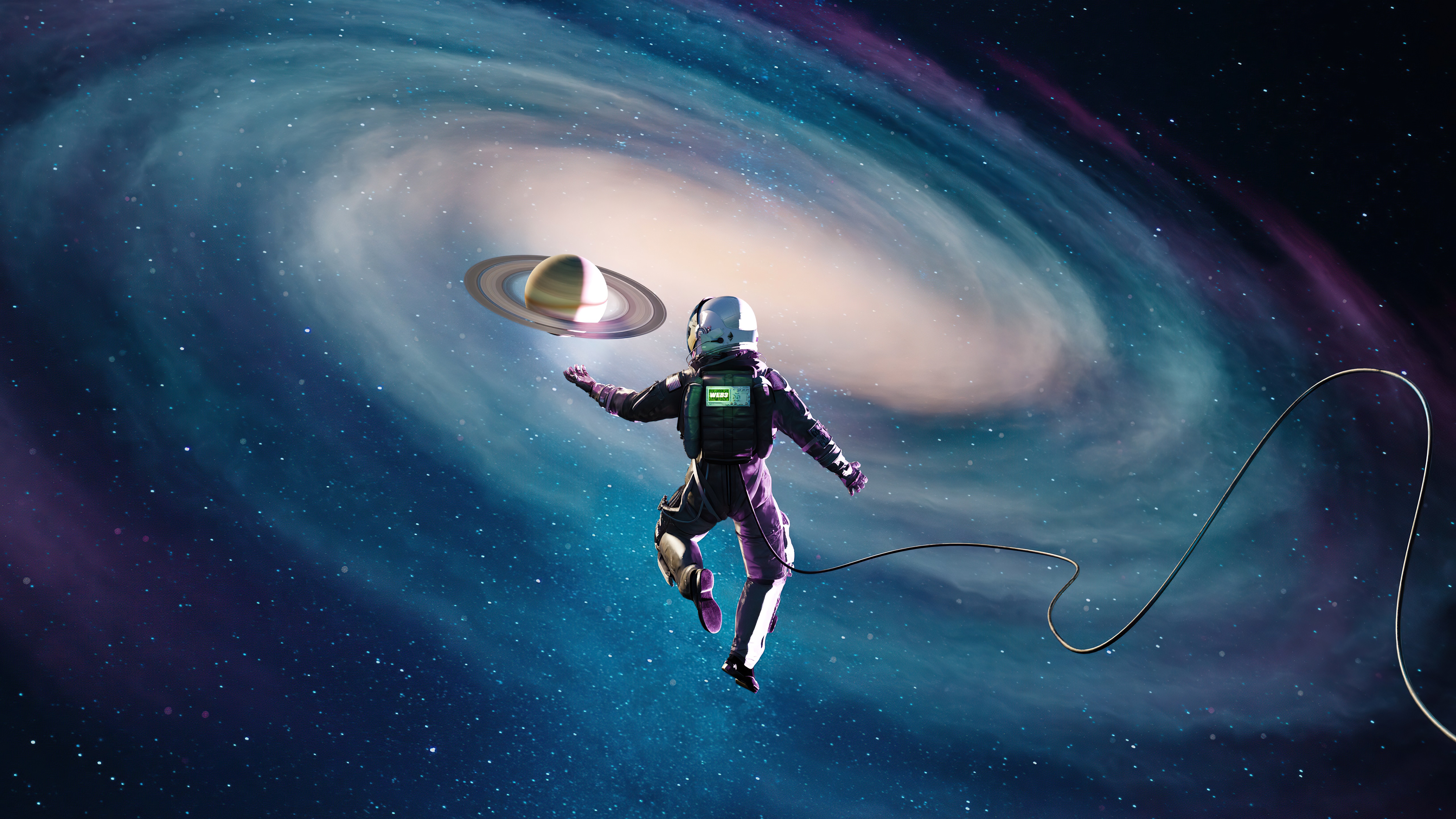 Astronaut reaching for Saturn in a nebula HD Wallpaper