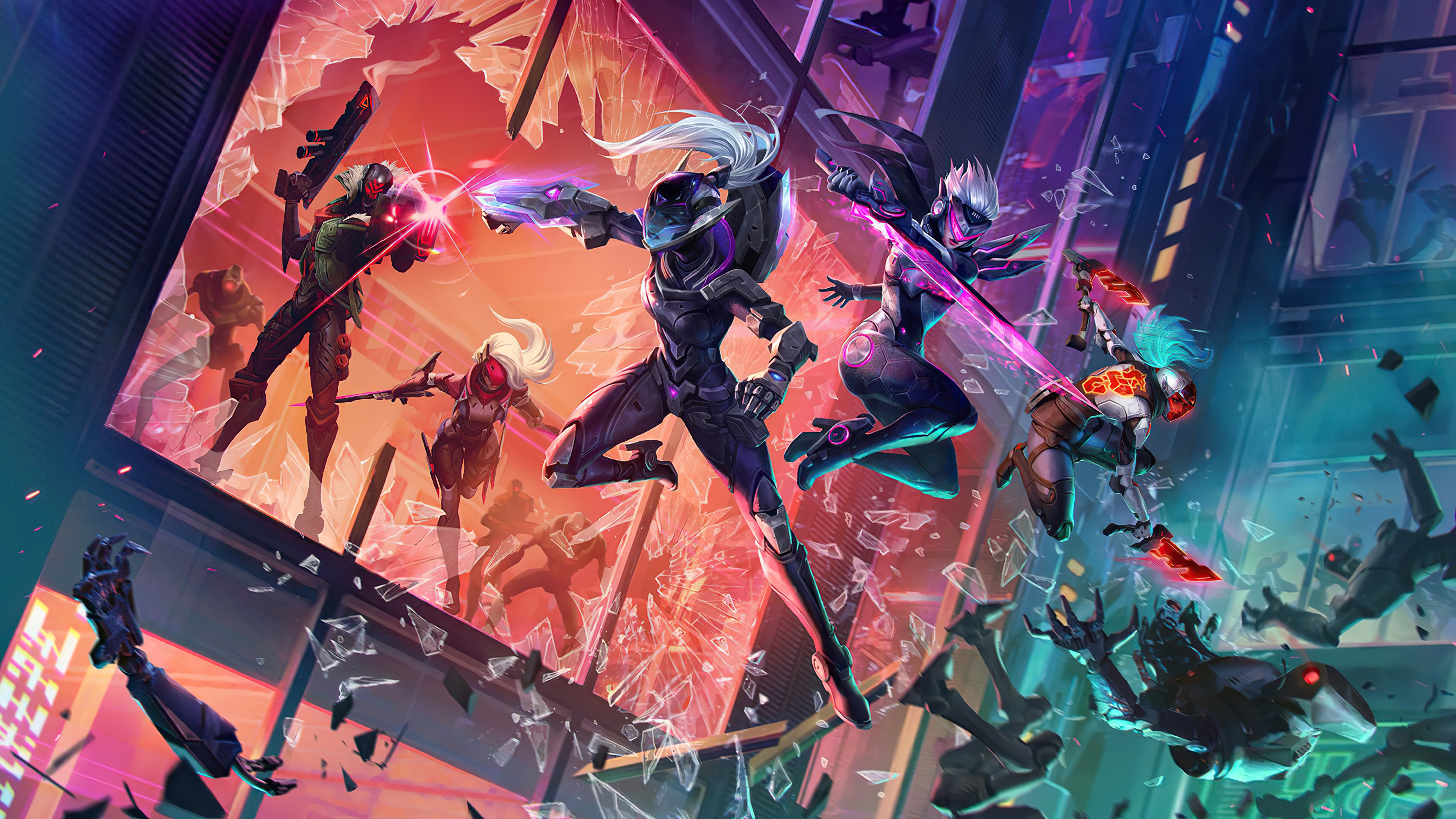 League of Legends Wild Rift characters in a futuristic city HD Wallpaper