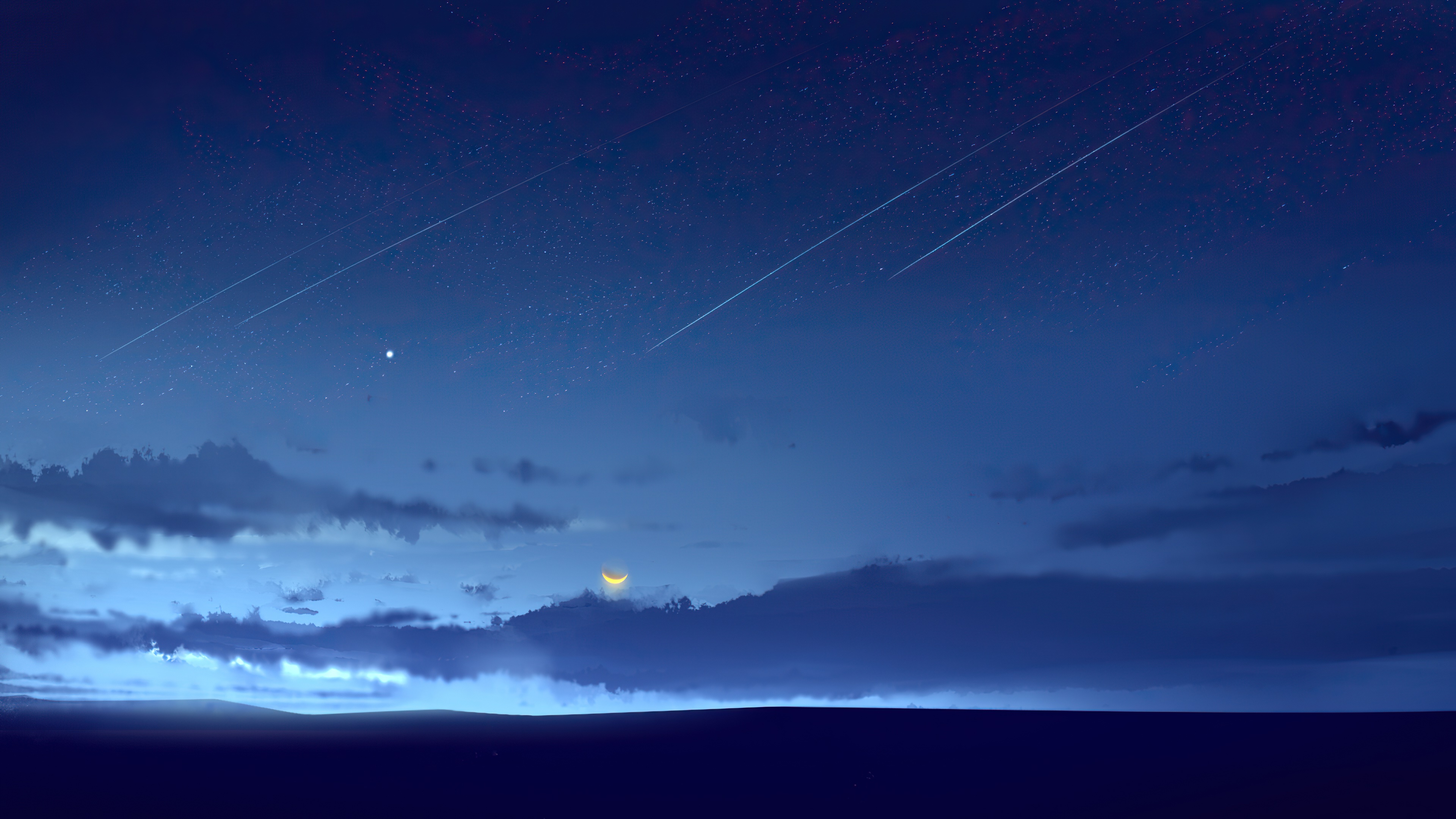 Night Sky with Shooting Stars and Crescent Moon HD Wallpaper