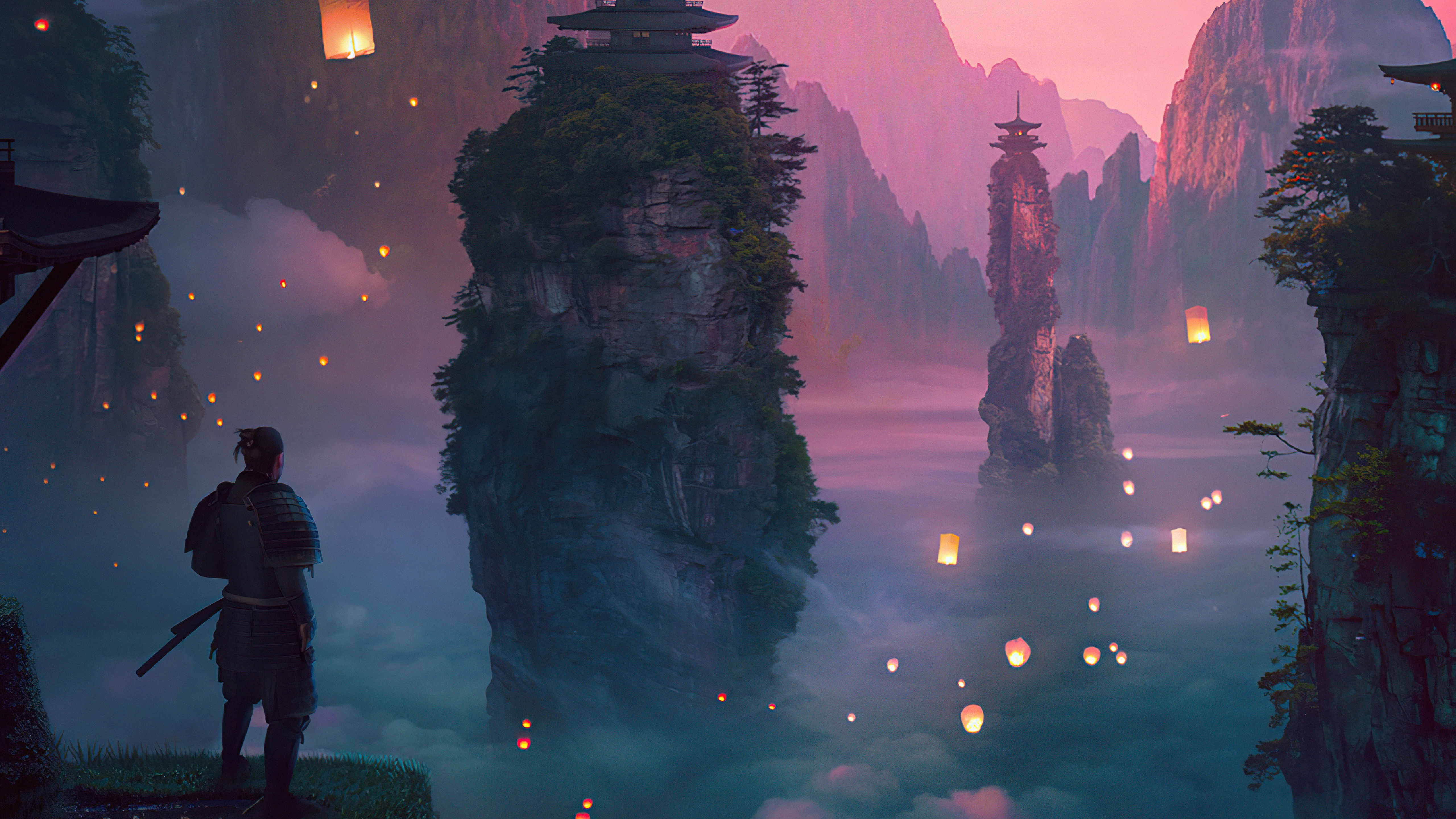 Samurai overlooking a misty valley with lanterns HD Wallpaper