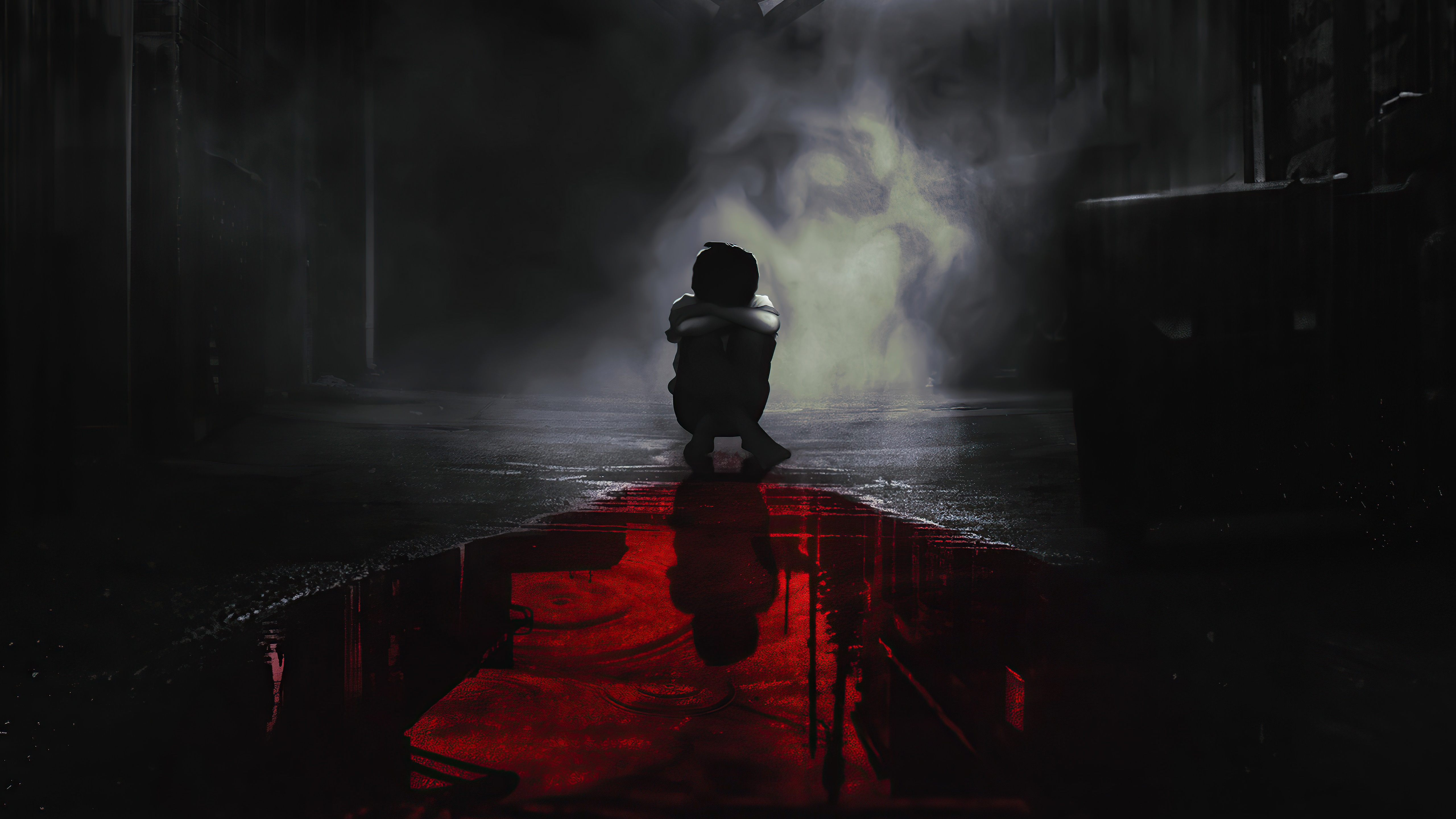 The Batman crouching in smoke with red reflection HD Wallpaper