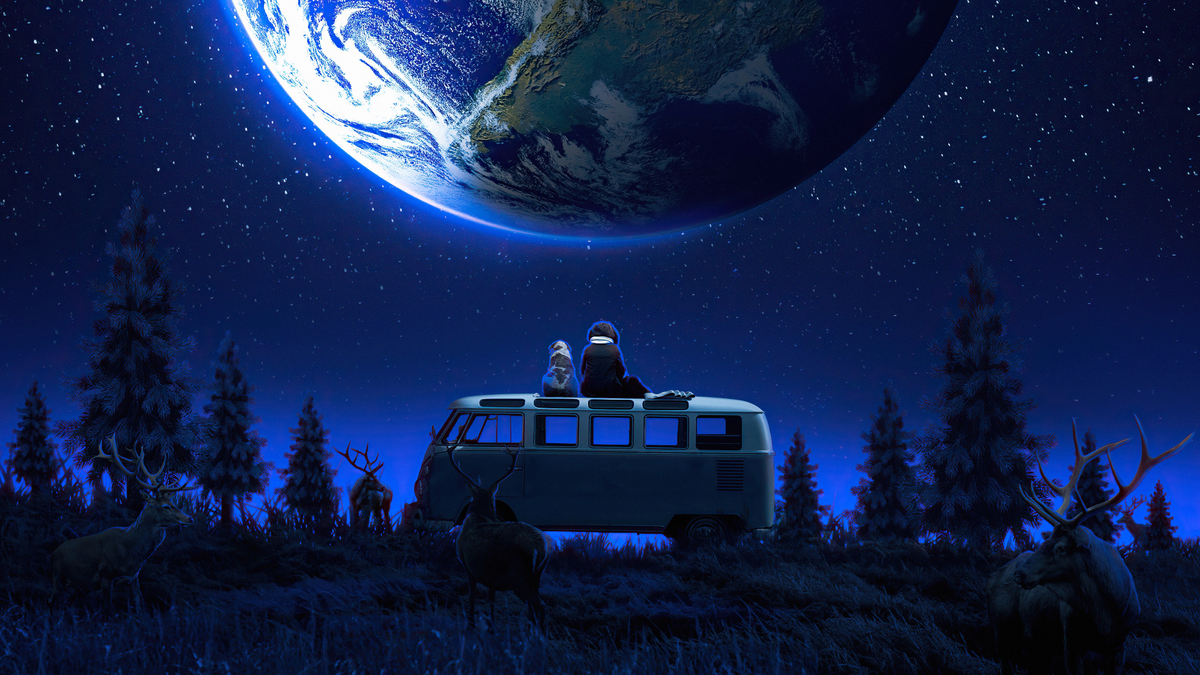 Boy and dog on van looking at Earth HD Wallpaper