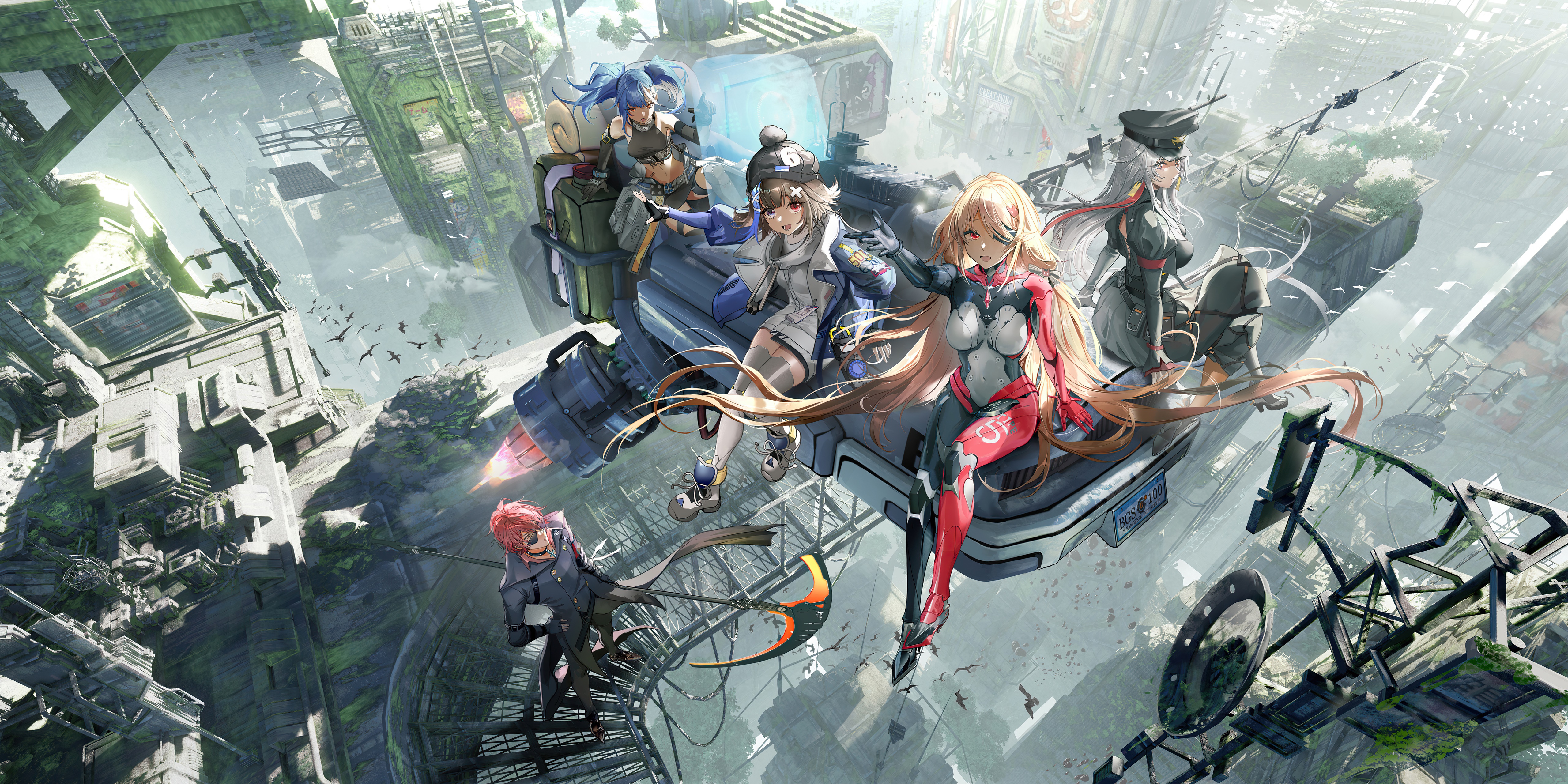 Anime girls on a futuristic vehicle in a ruined city HD Wallpaper