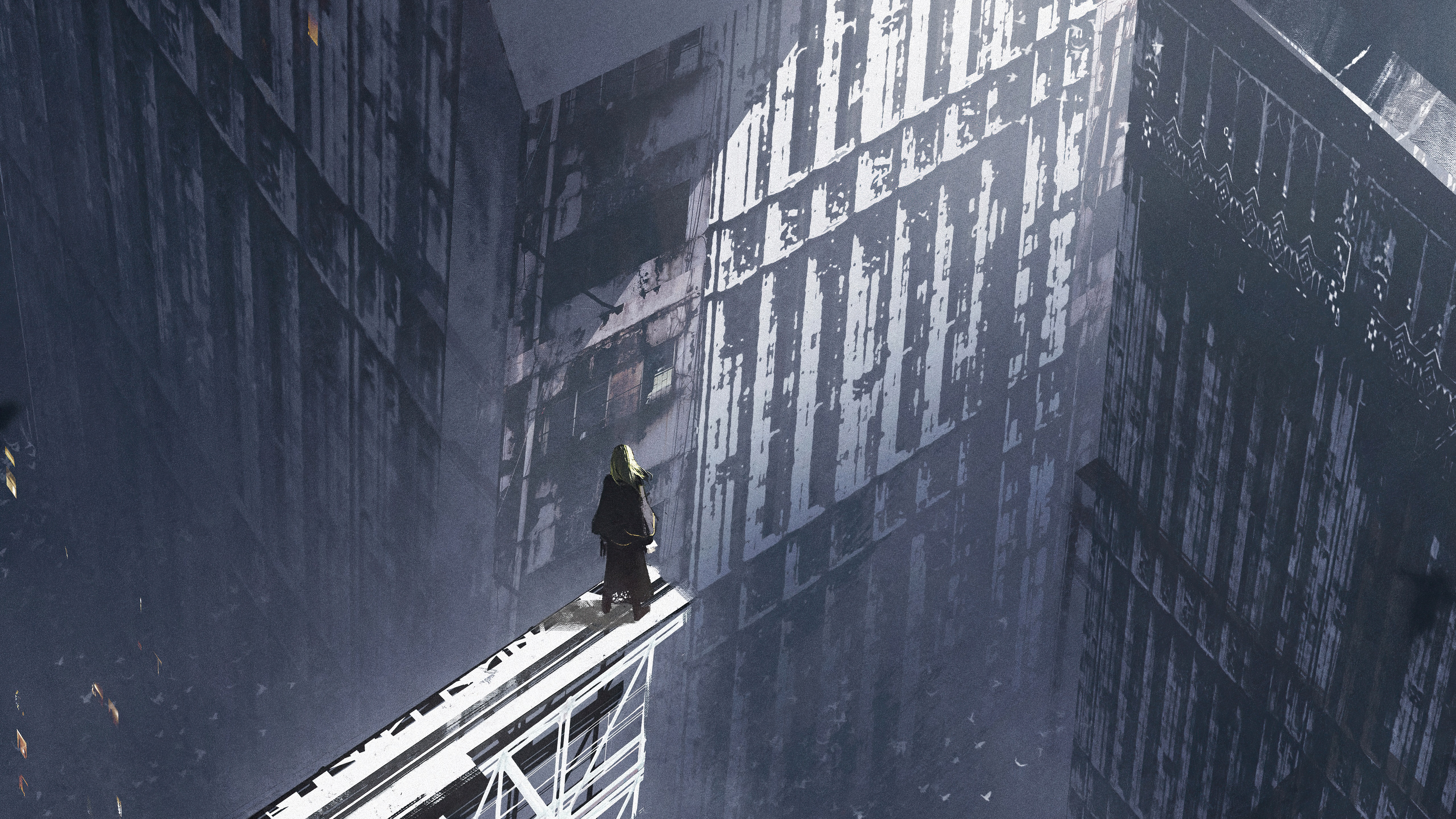Person on a skyscraper ledge in a dystopian city HD Wallpaper