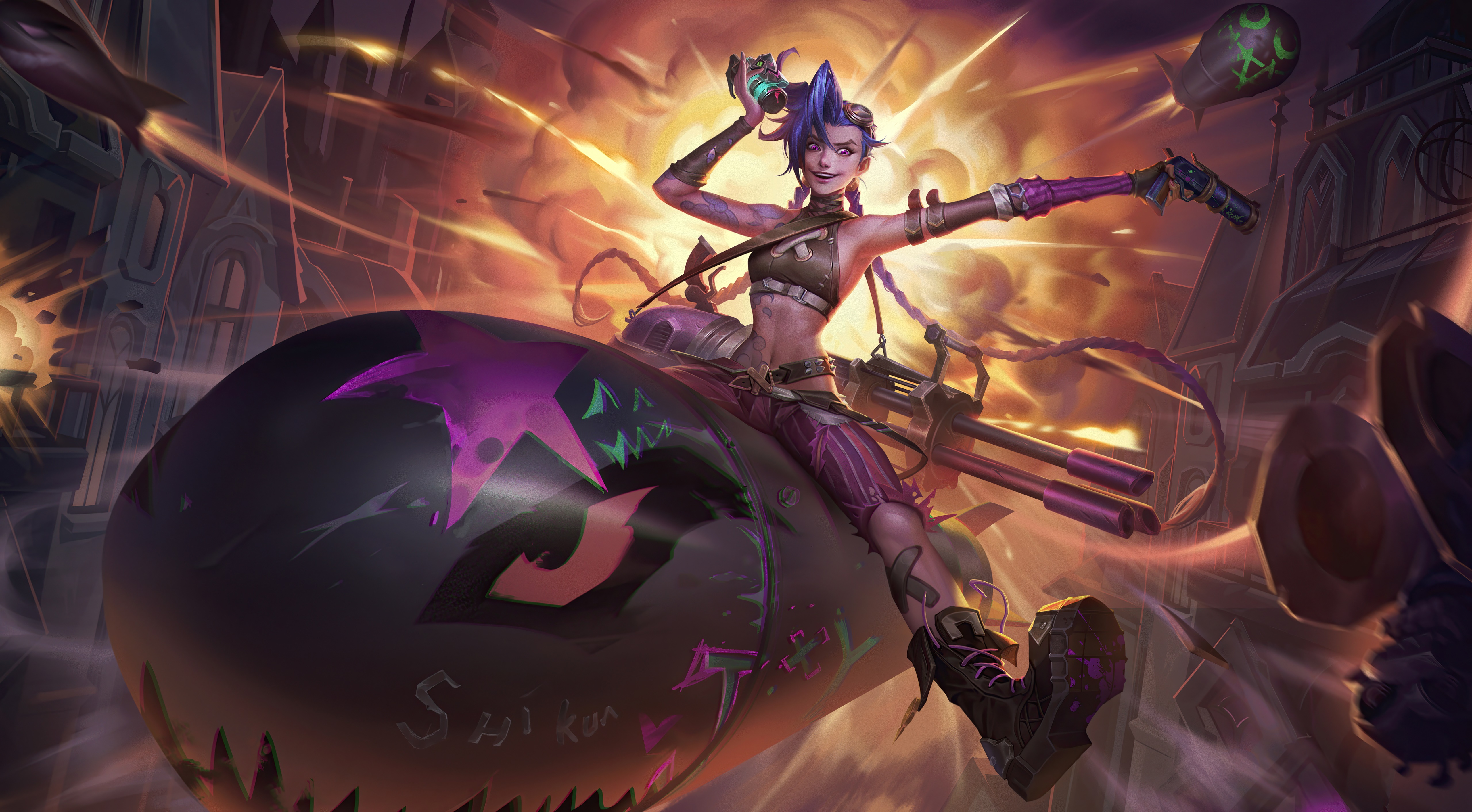 Jinx from League of Legends riding a bomb HD Wallpaper