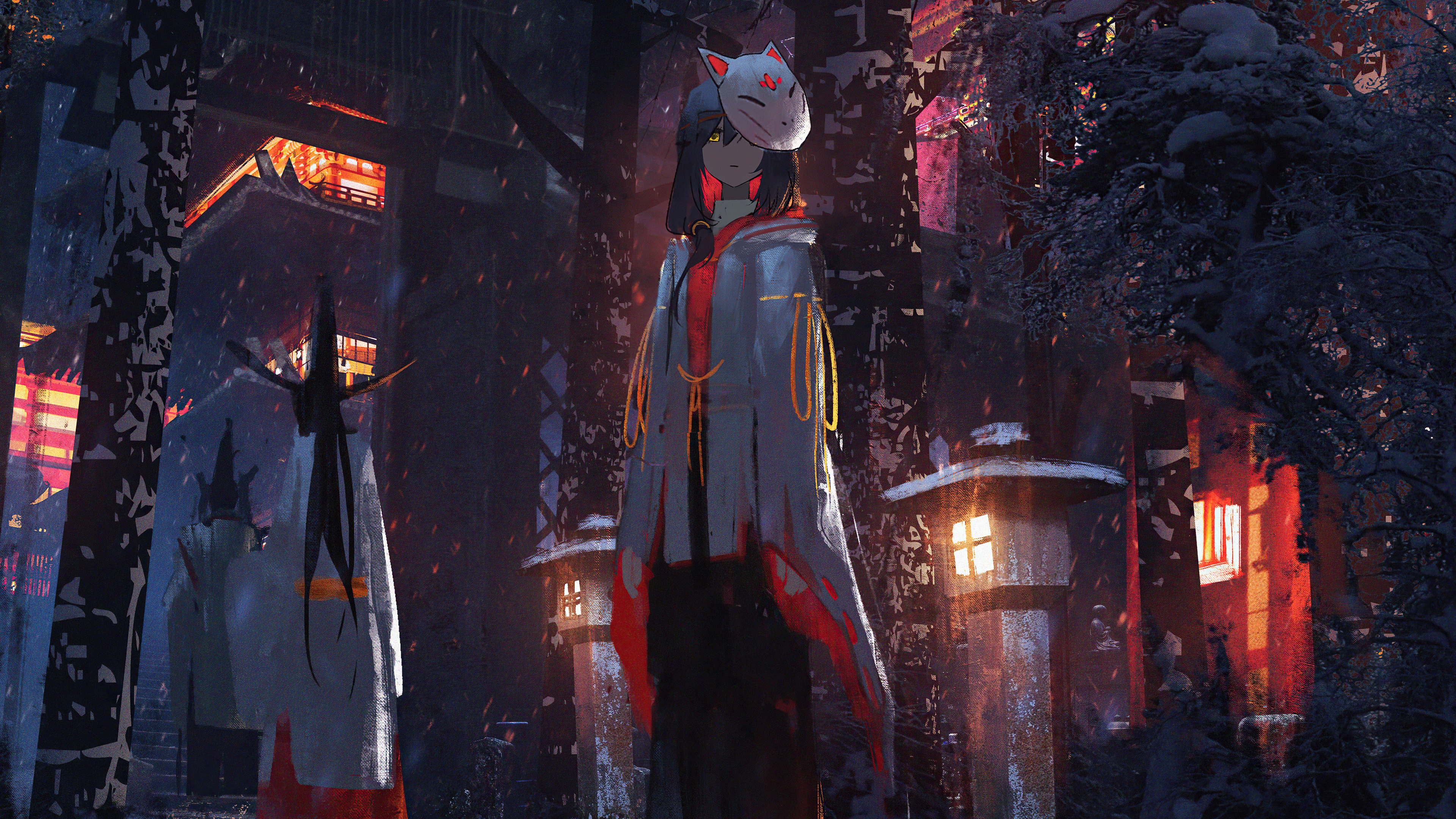 Anime girl with fox mask in snowy village HD Wallpaper