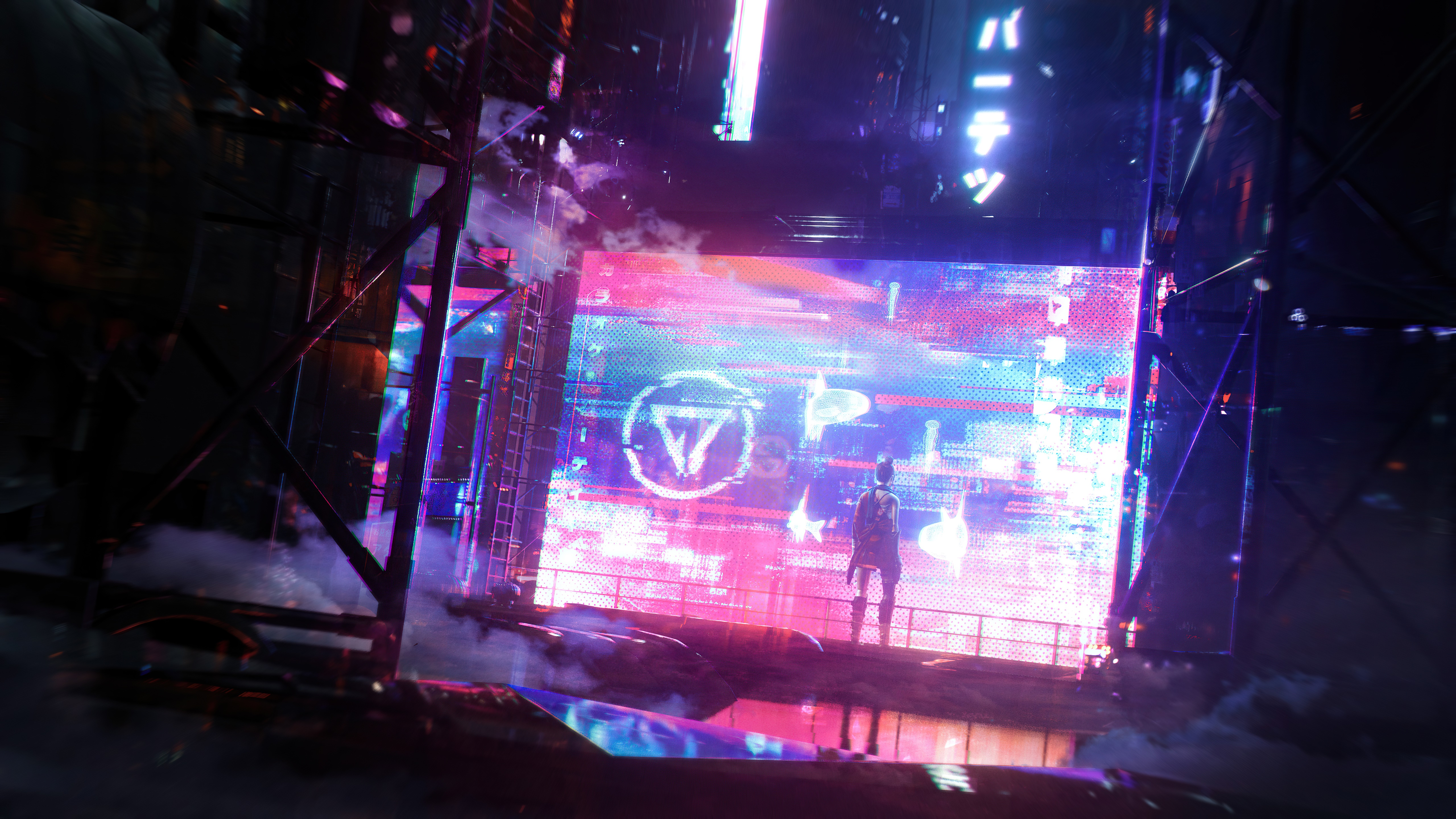Cyberpunk city with a person looking at a large screen HD Wallpaper