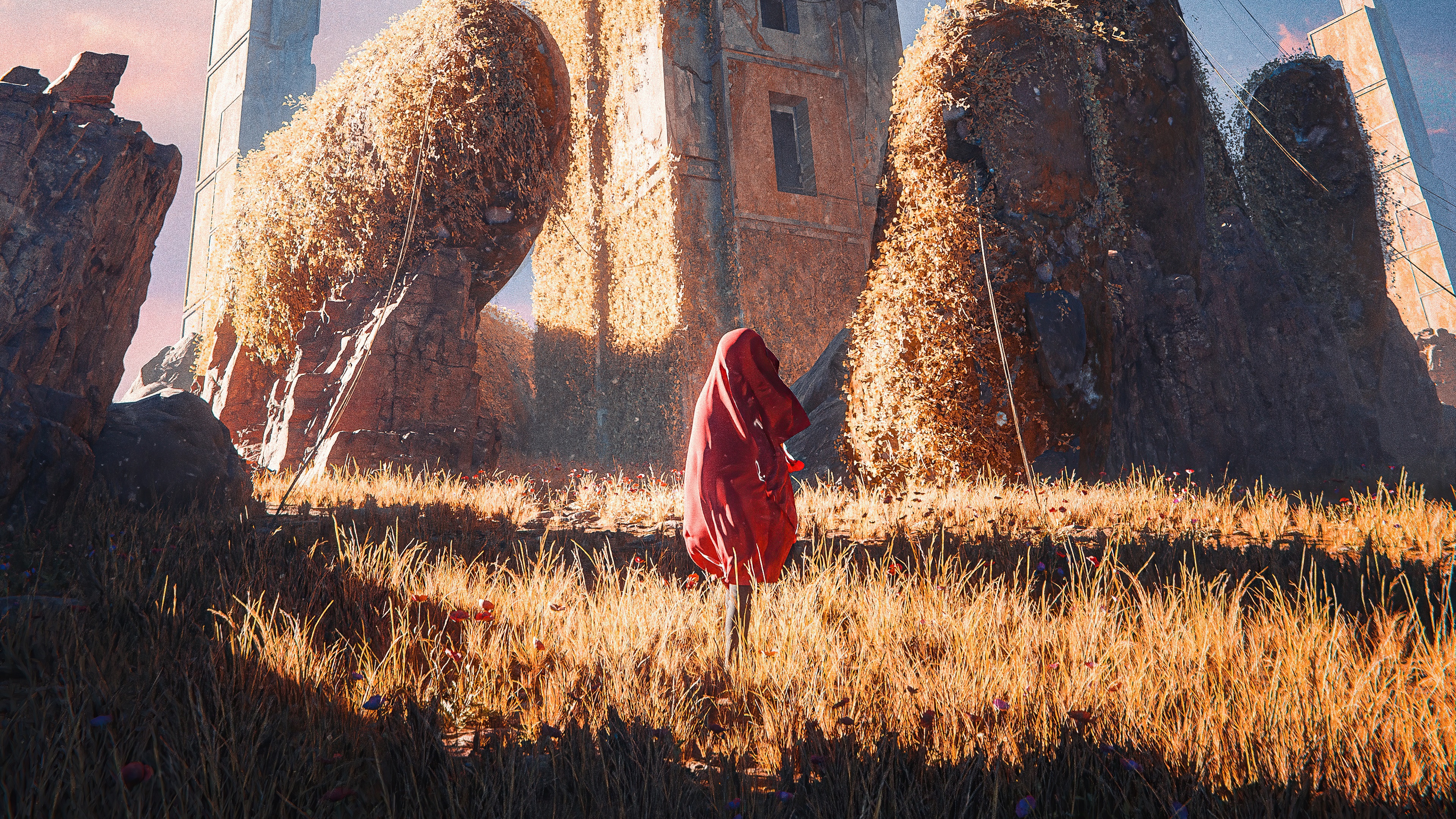 Digital art of a person in a red cloak HD Wallpaper