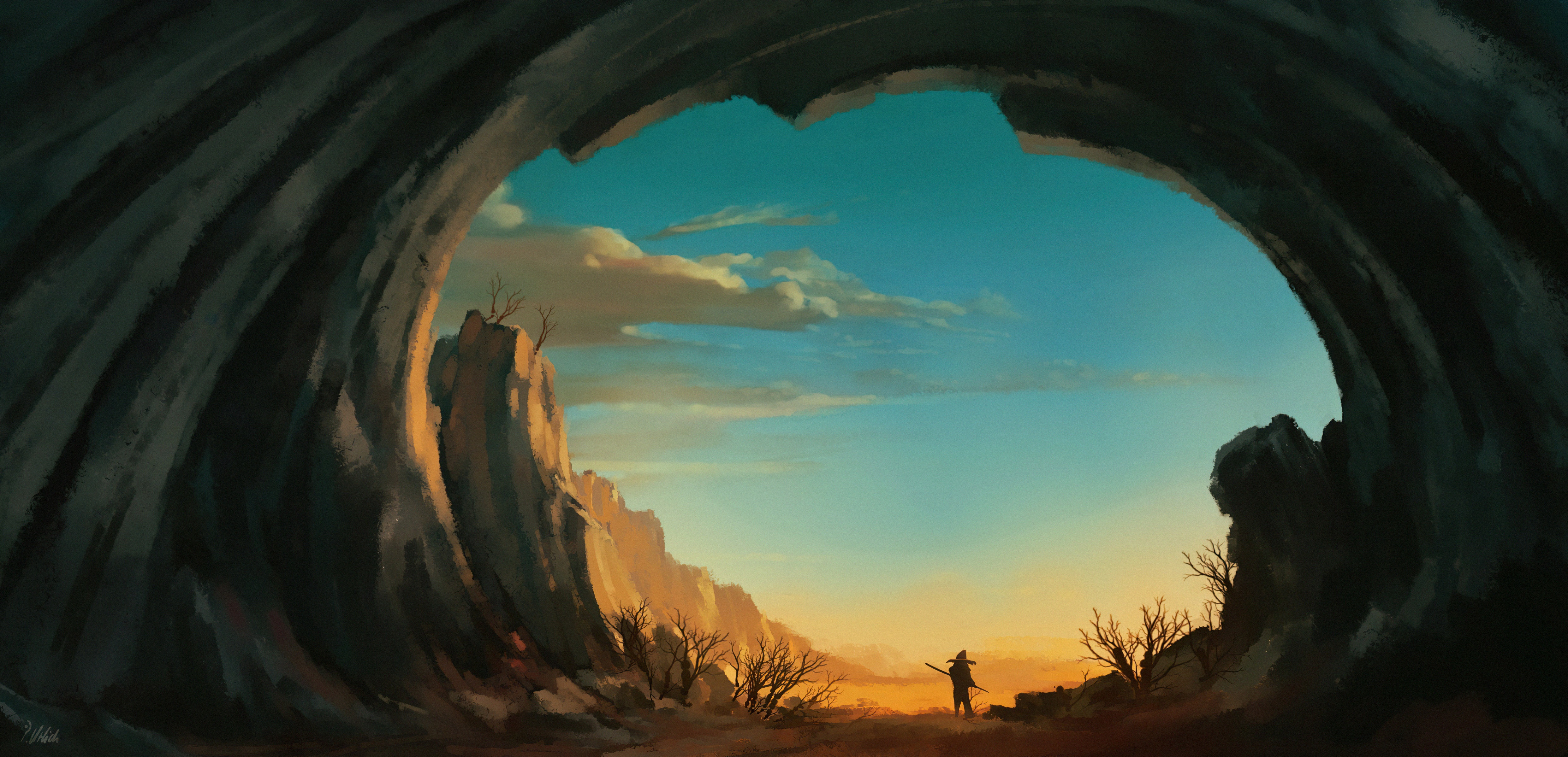 Man with a staff in a cave opening HD Wallpaper
