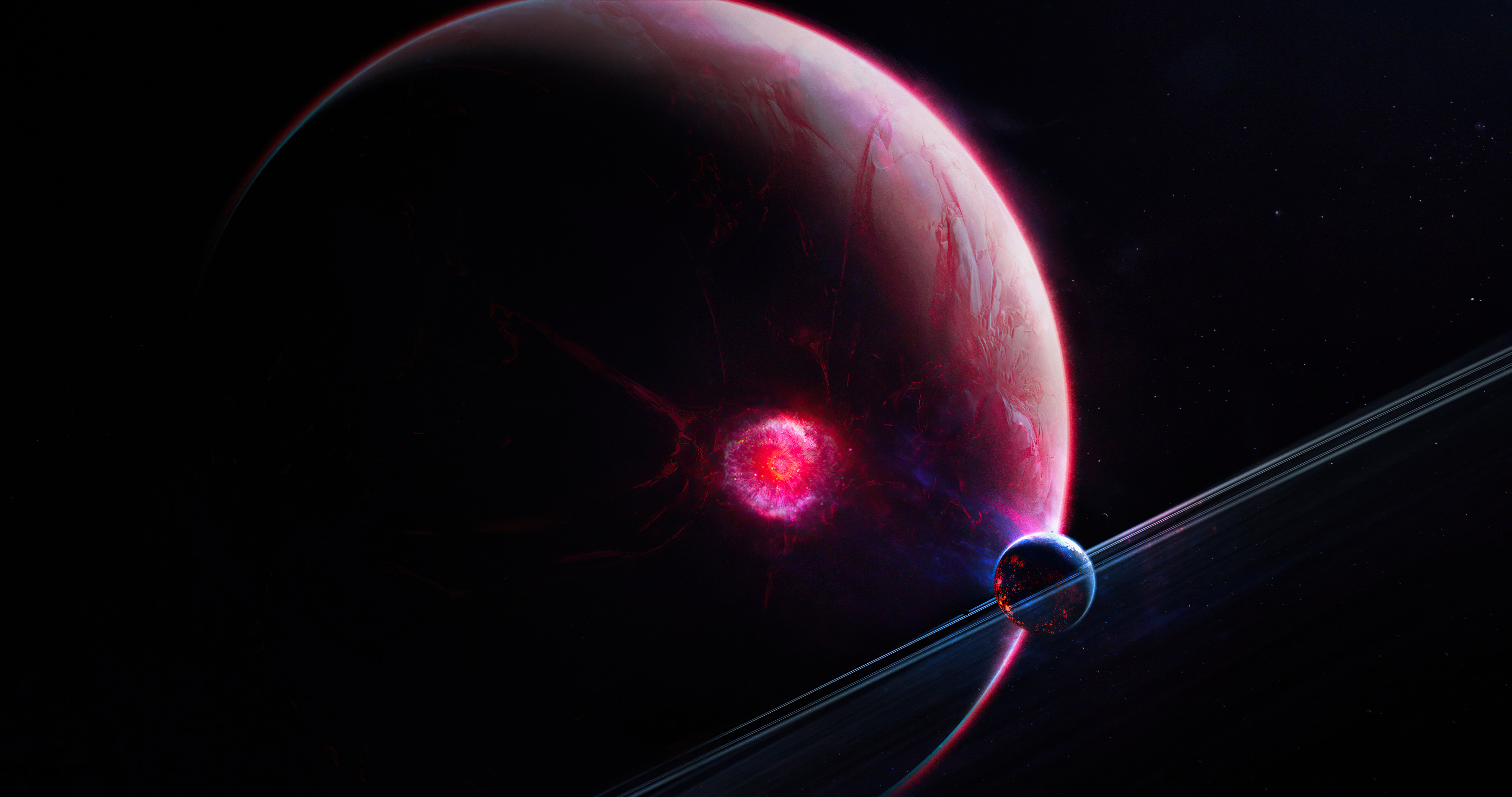 Digital universe with a ringed planet and a glowing nebula HD Wallpaper