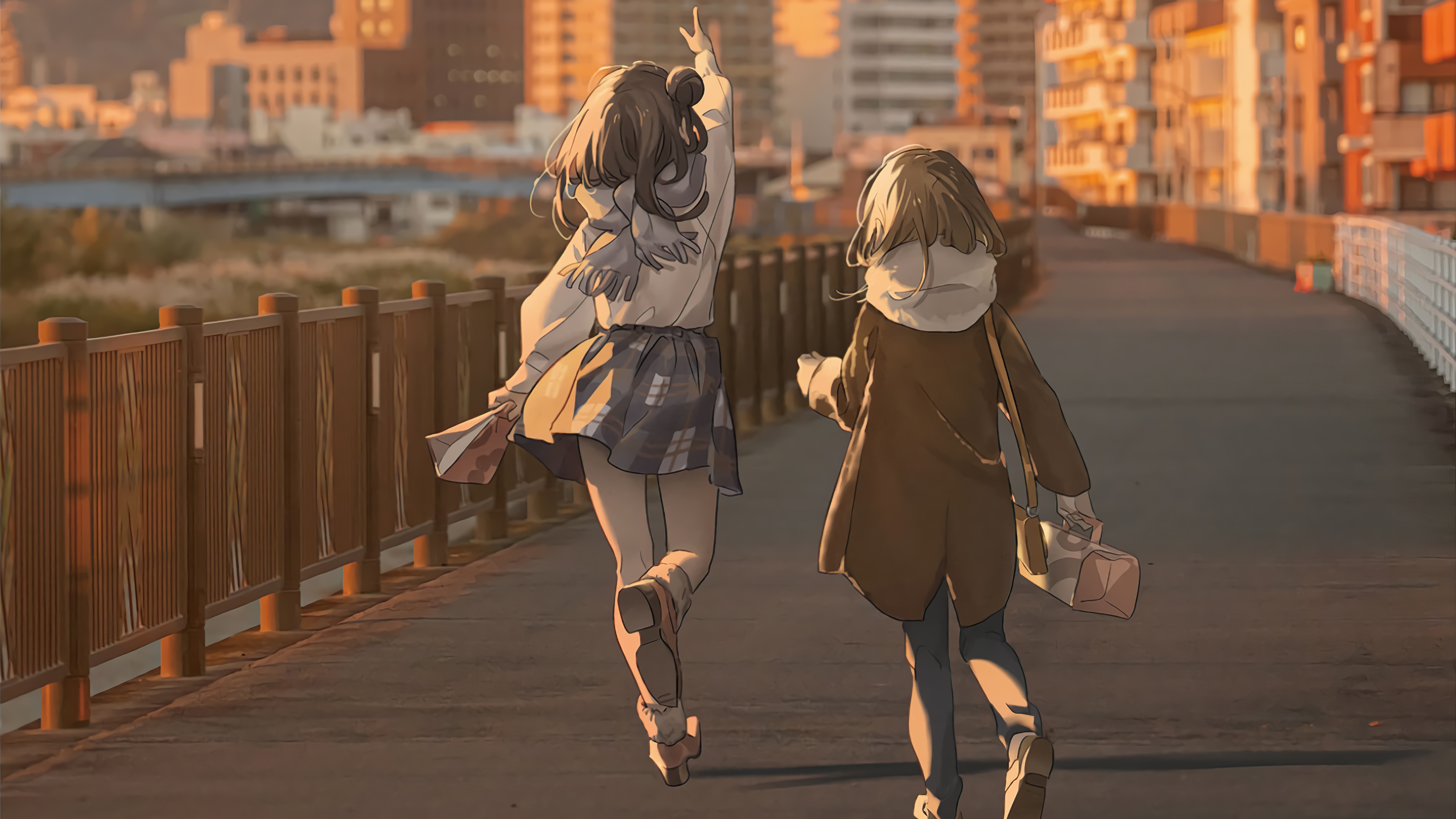 Anime girls walking on a bridge at sunset HD Wallpaper