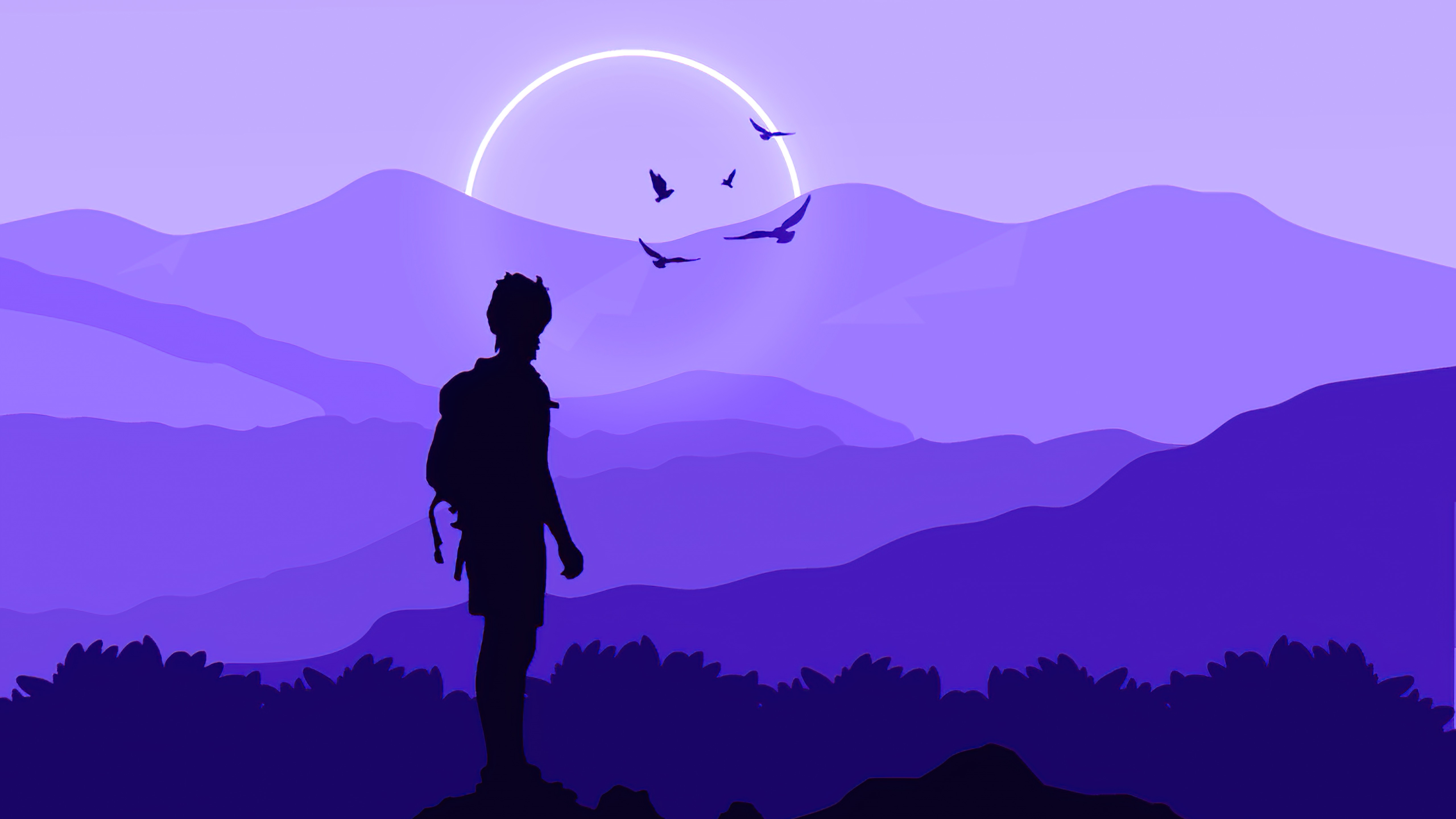 Silhouette of a hiker against a purple mountain landscape and a glowing sun HD Wallpaper