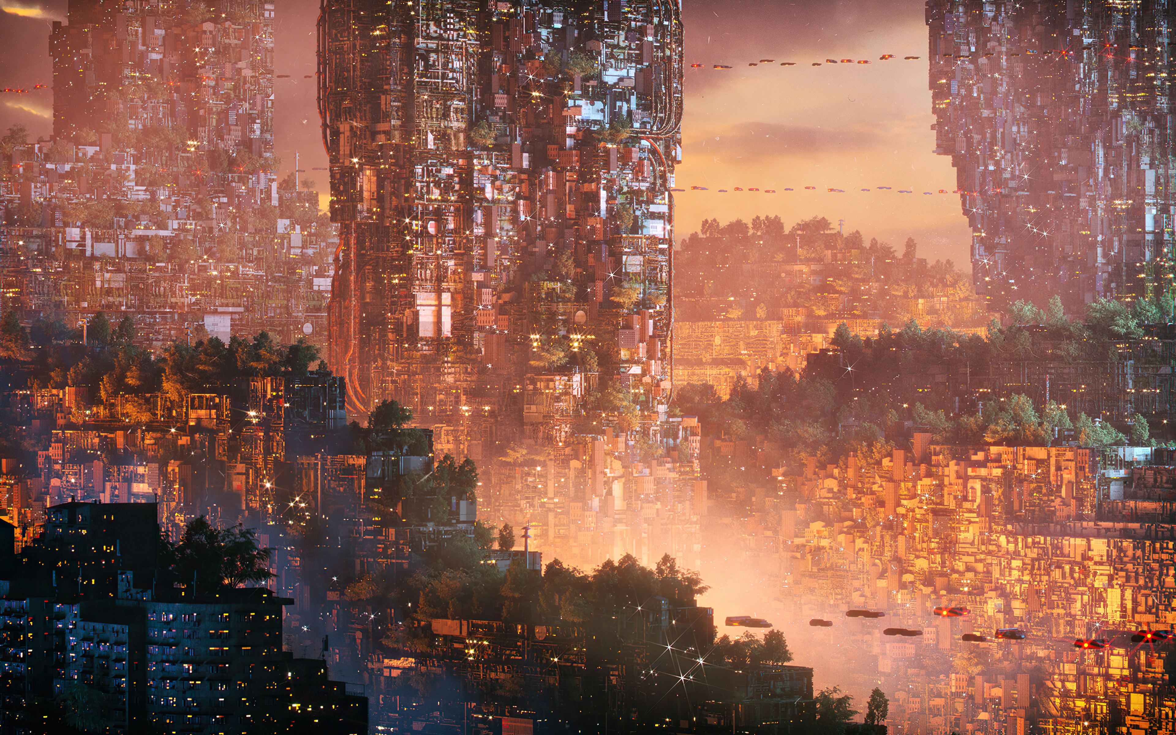 Sci-fi city artwork with flying vehicles HD Wallpaper