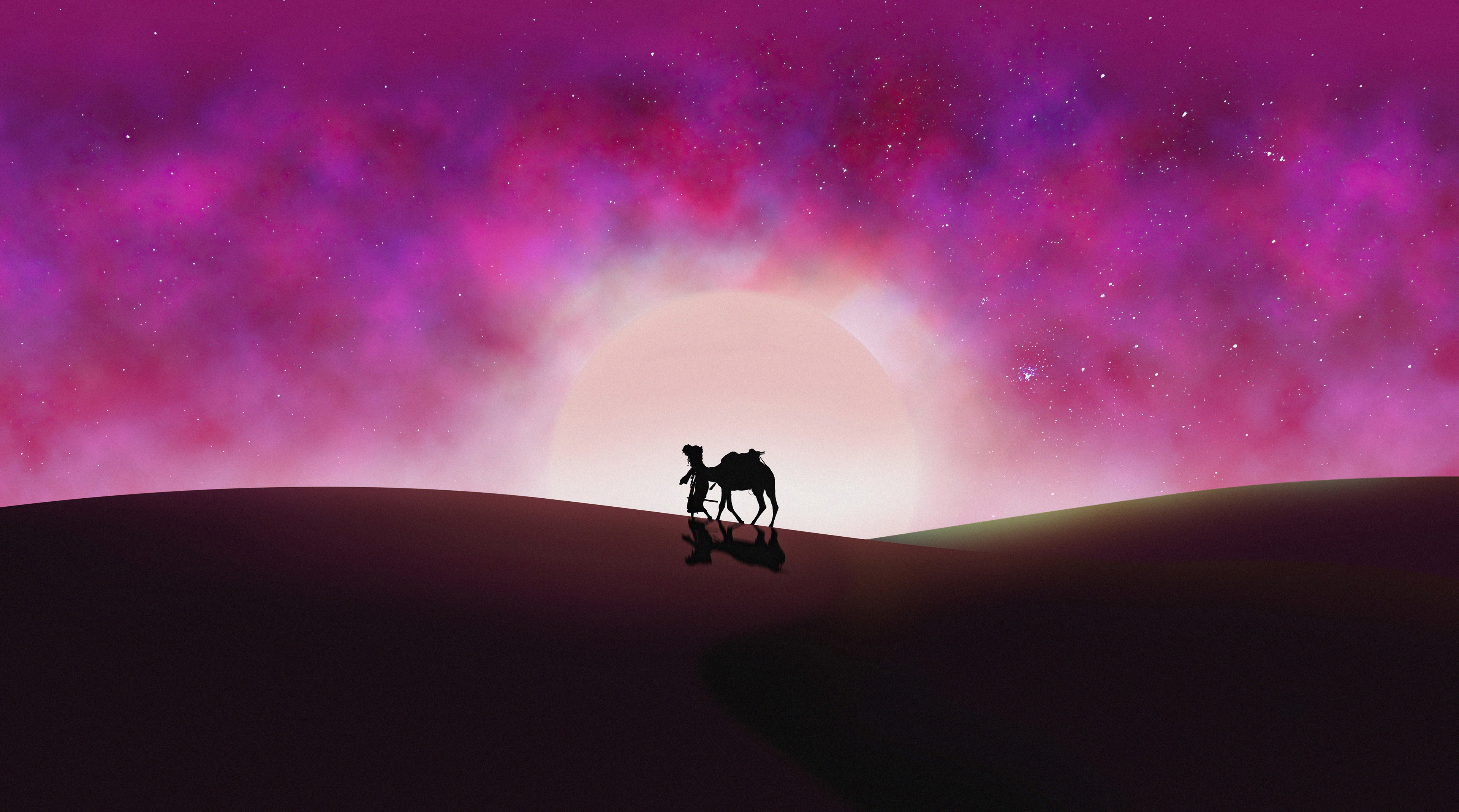 Camel and rider in desert under starry purple sky HD Wallpaper
