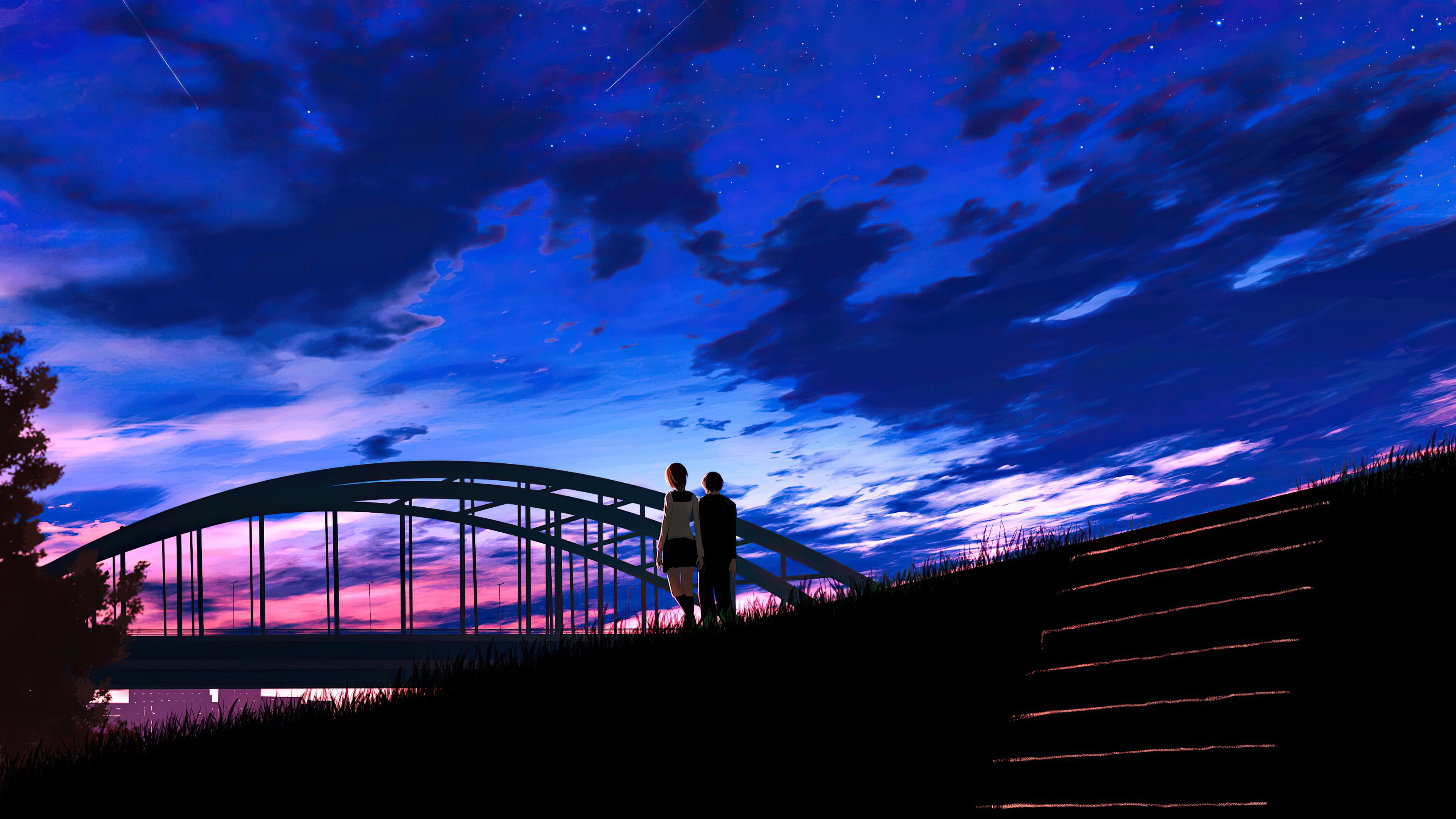 Anime couple watching a starry sky over a bridge HD Wallpaper