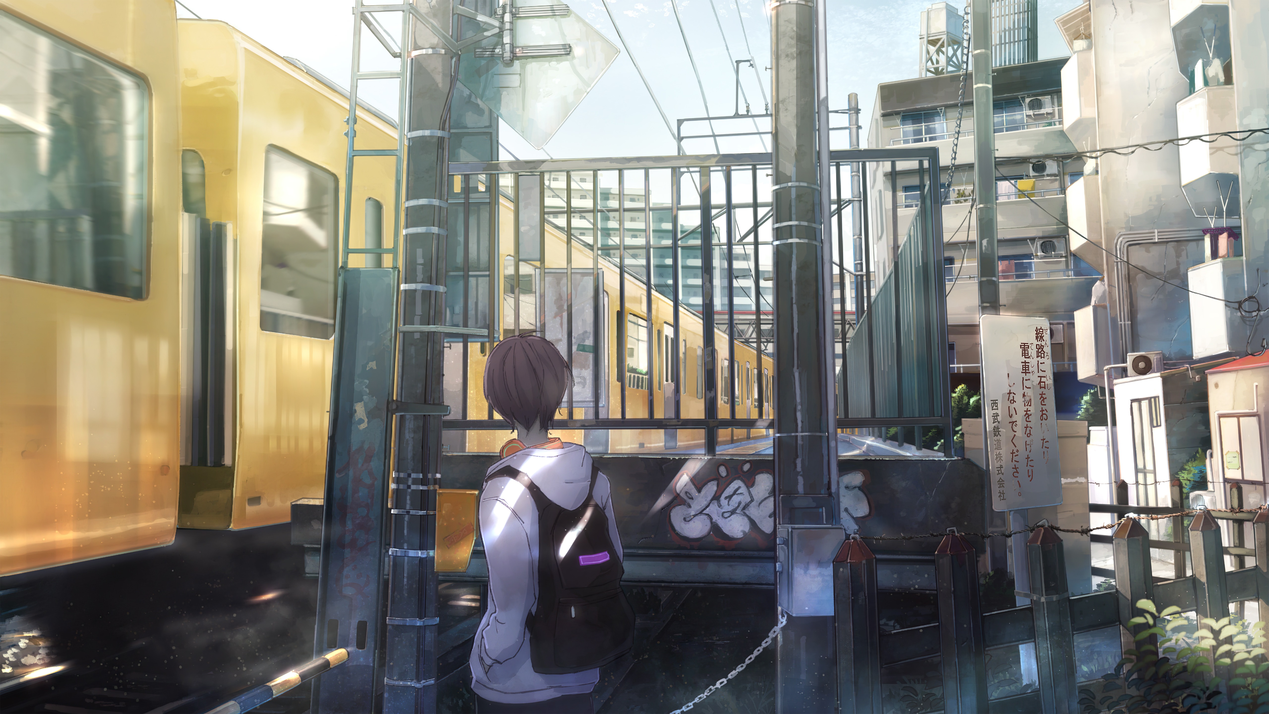 Anime boy with backpack at train station HD Wallpaper