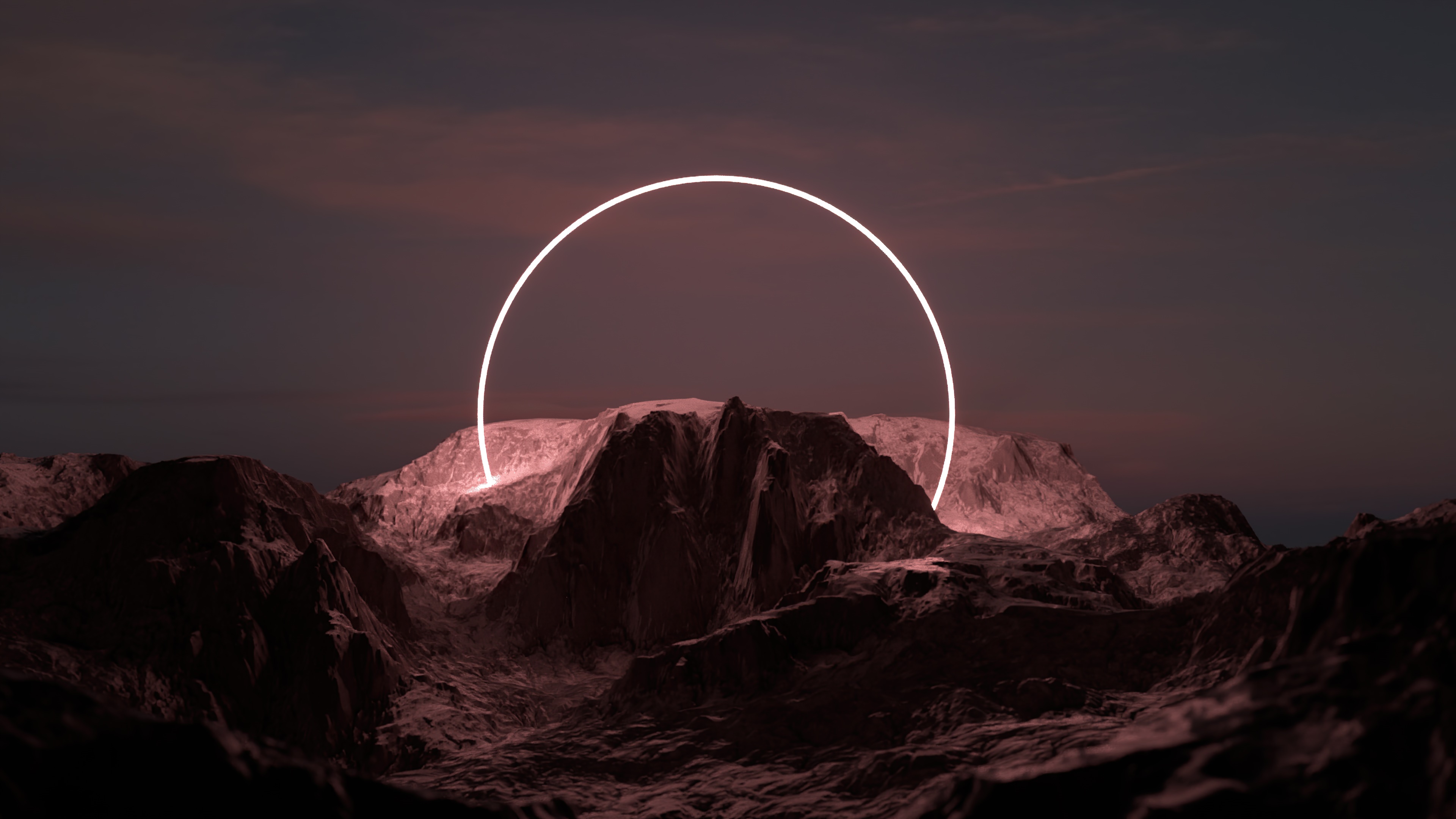 Digital Art 4K Mountains with Neon Ring HD Wallpaper