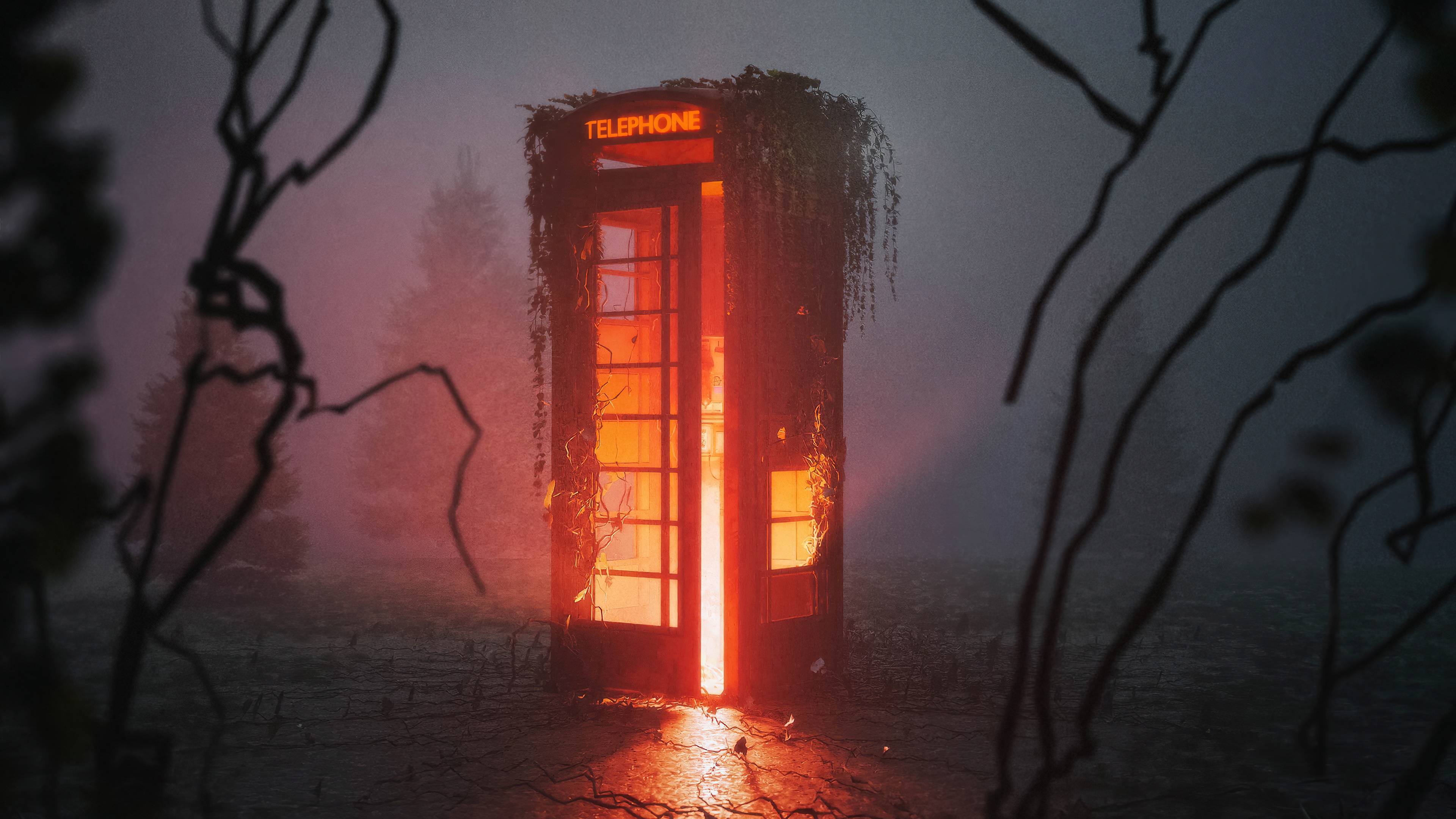 Abandoned telephone booth with glowing interior HD Wallpaper