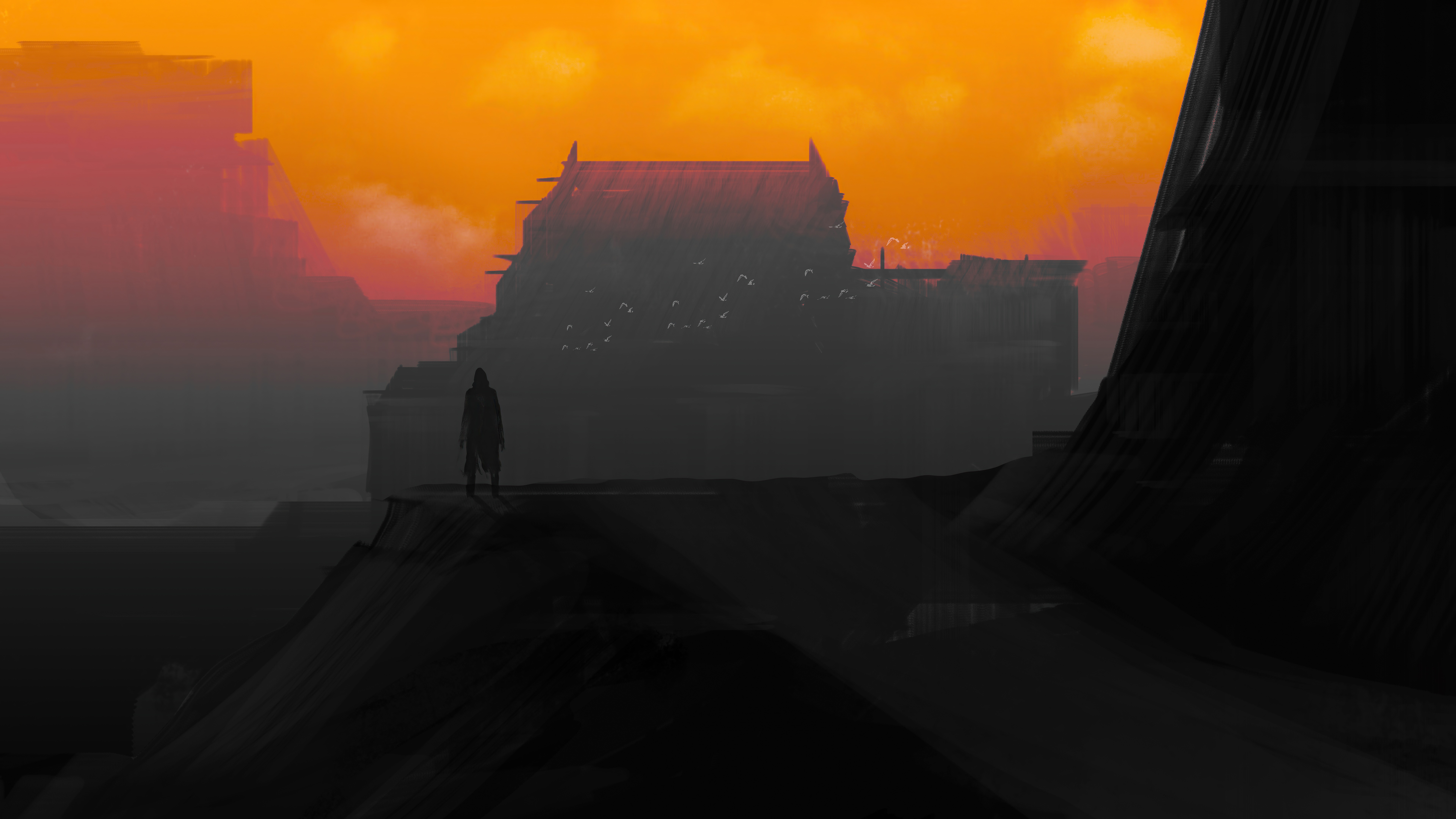 Silhouette of a person overlooking a settlement at sunset HD Wallpaper
