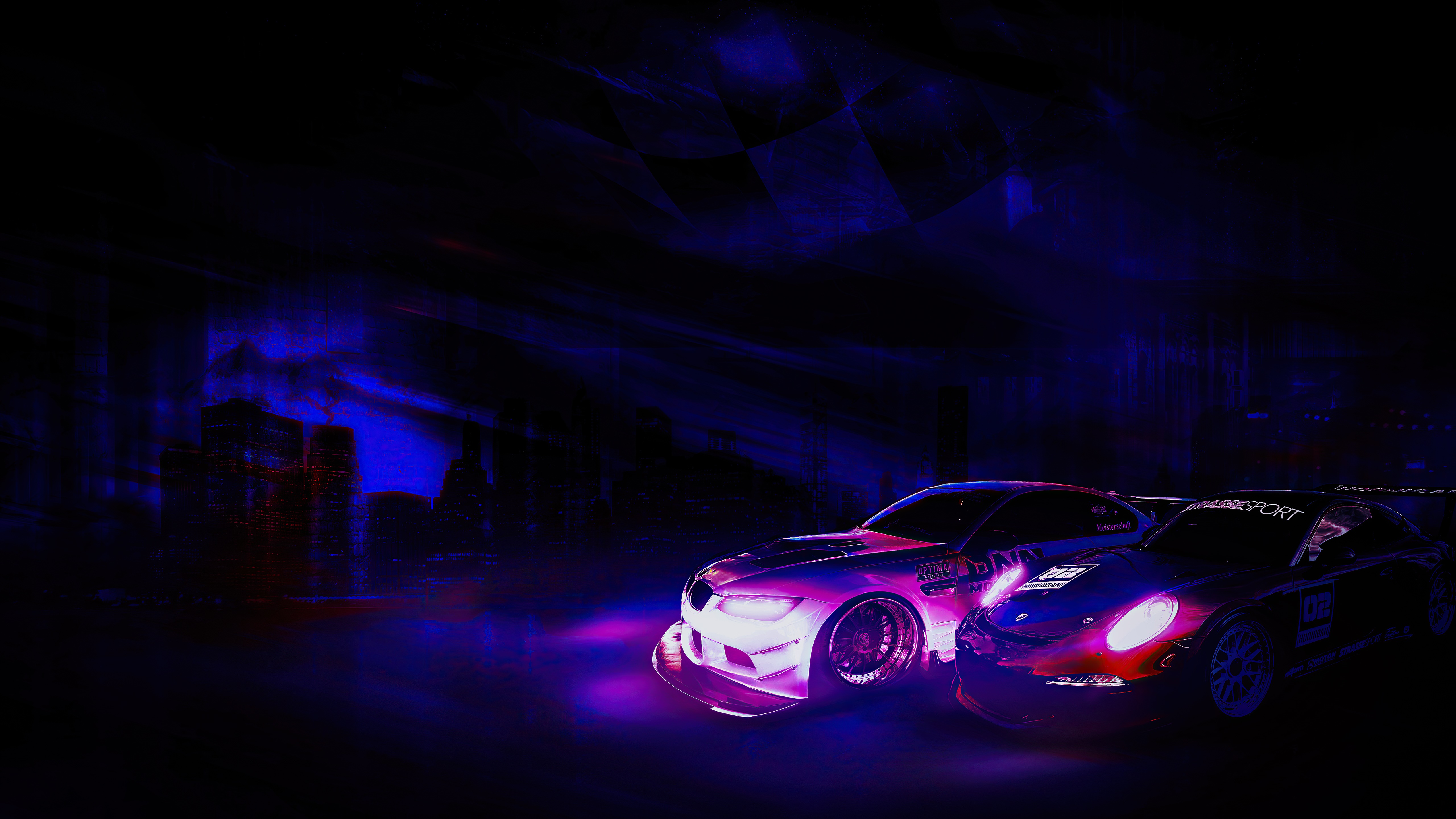 Digital Art of Two Sports Cars in a City at Night HD Wallpaper
