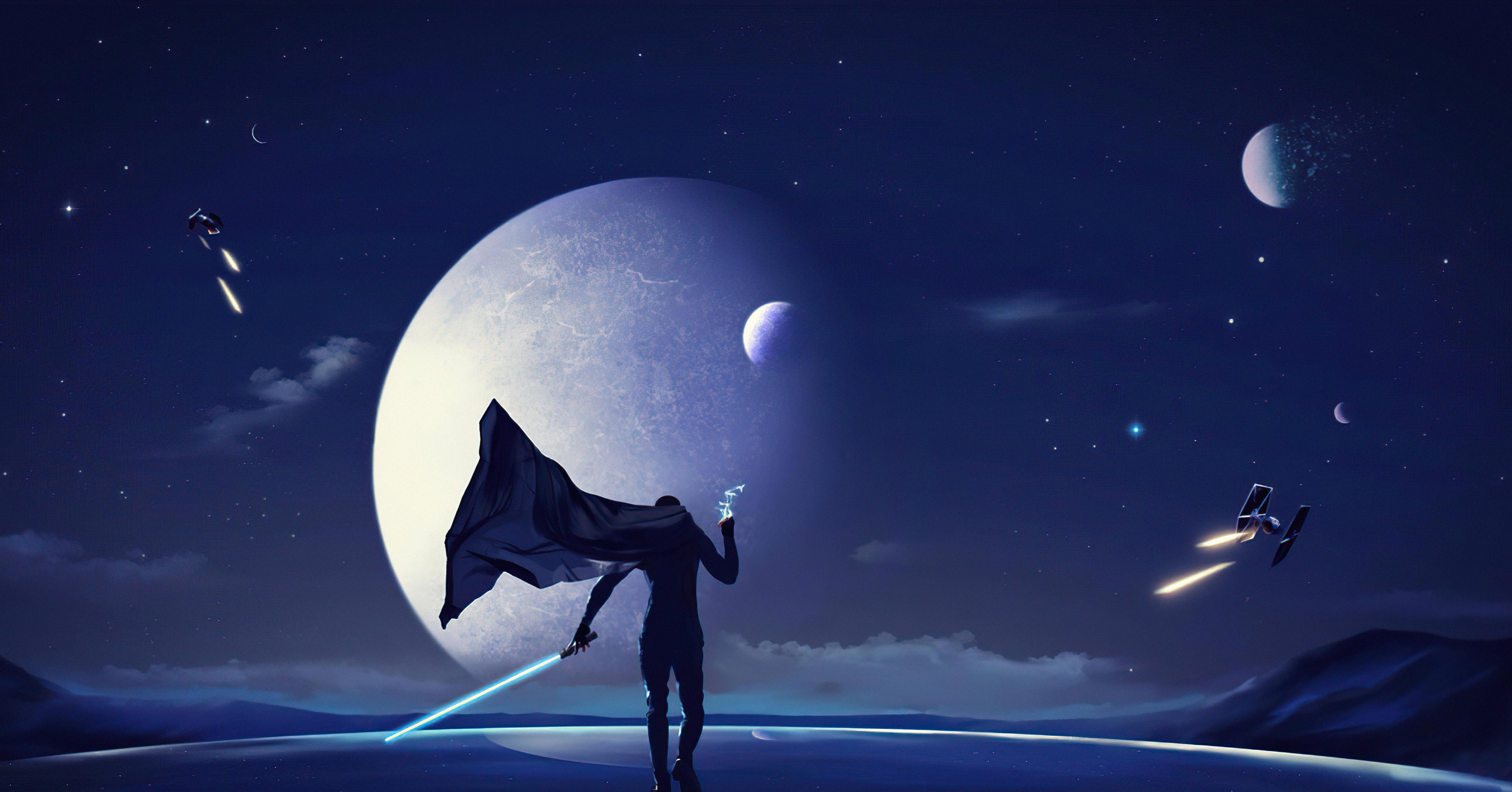 Star Wars character with lightsaber and cape on alien planet HD Wallpaper