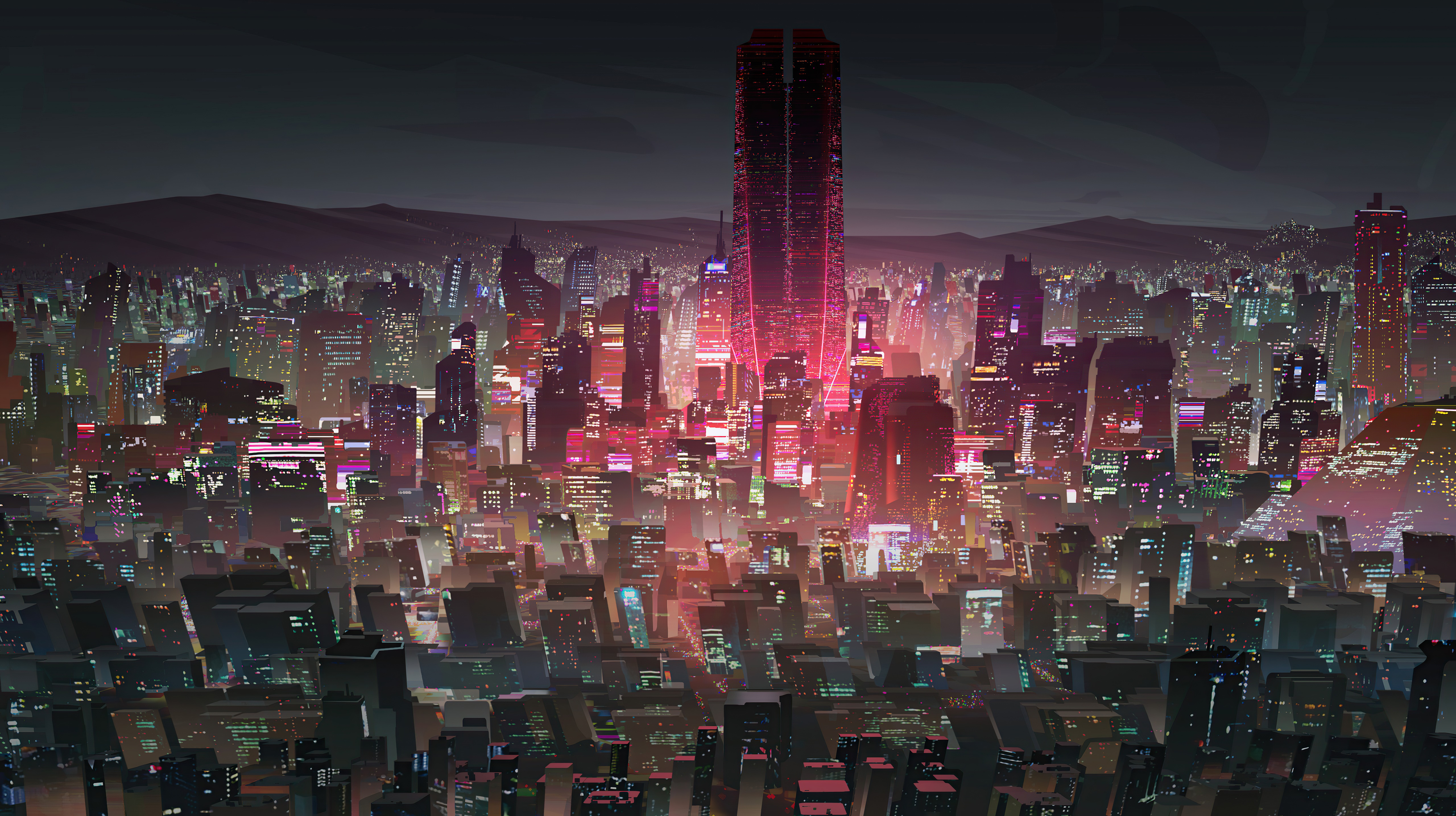 Futuristic Cityscape at Night with Tall Buildings HD Wallpaper