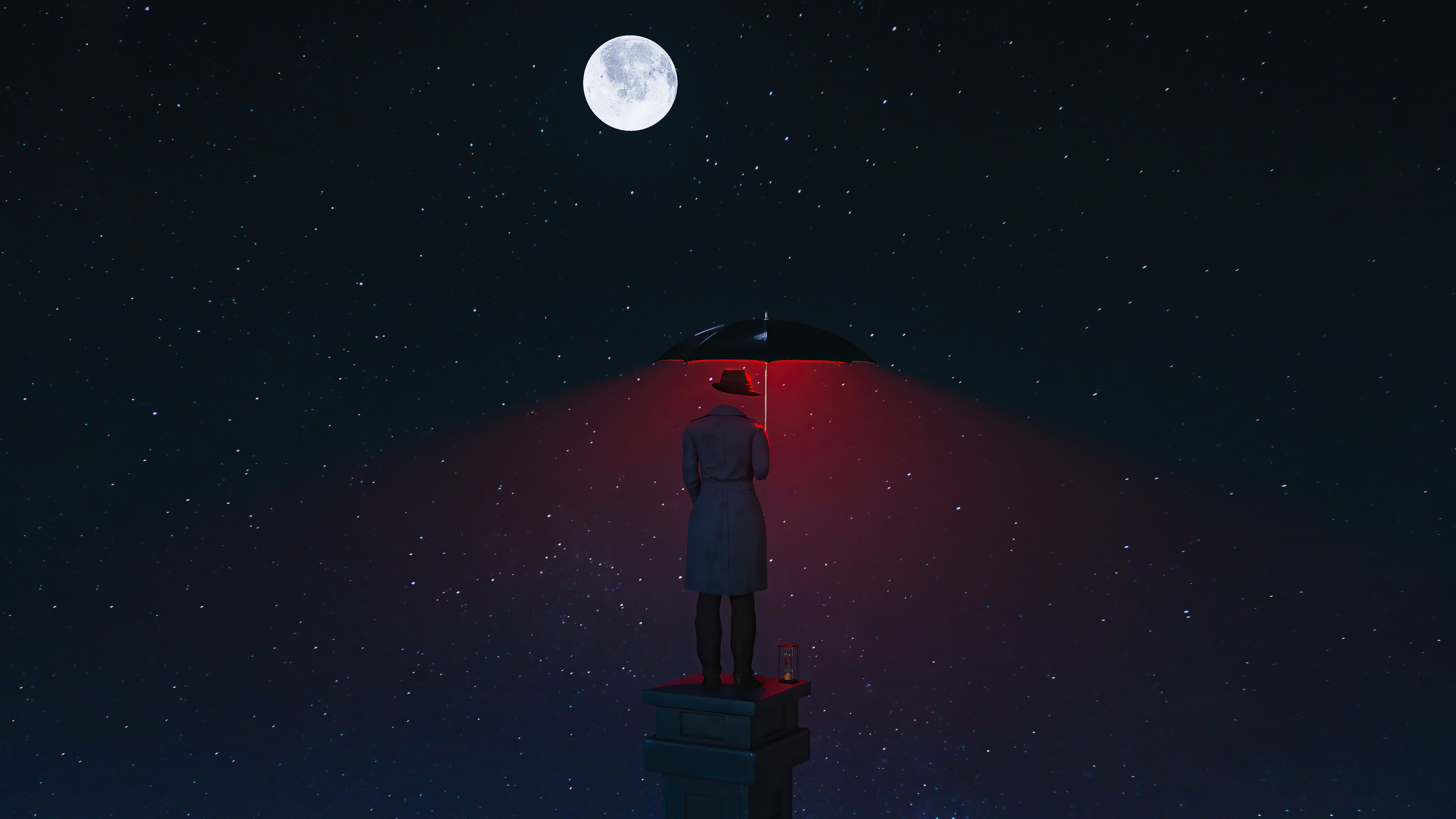 Man with umbrella under moon and stars HD Wallpaper