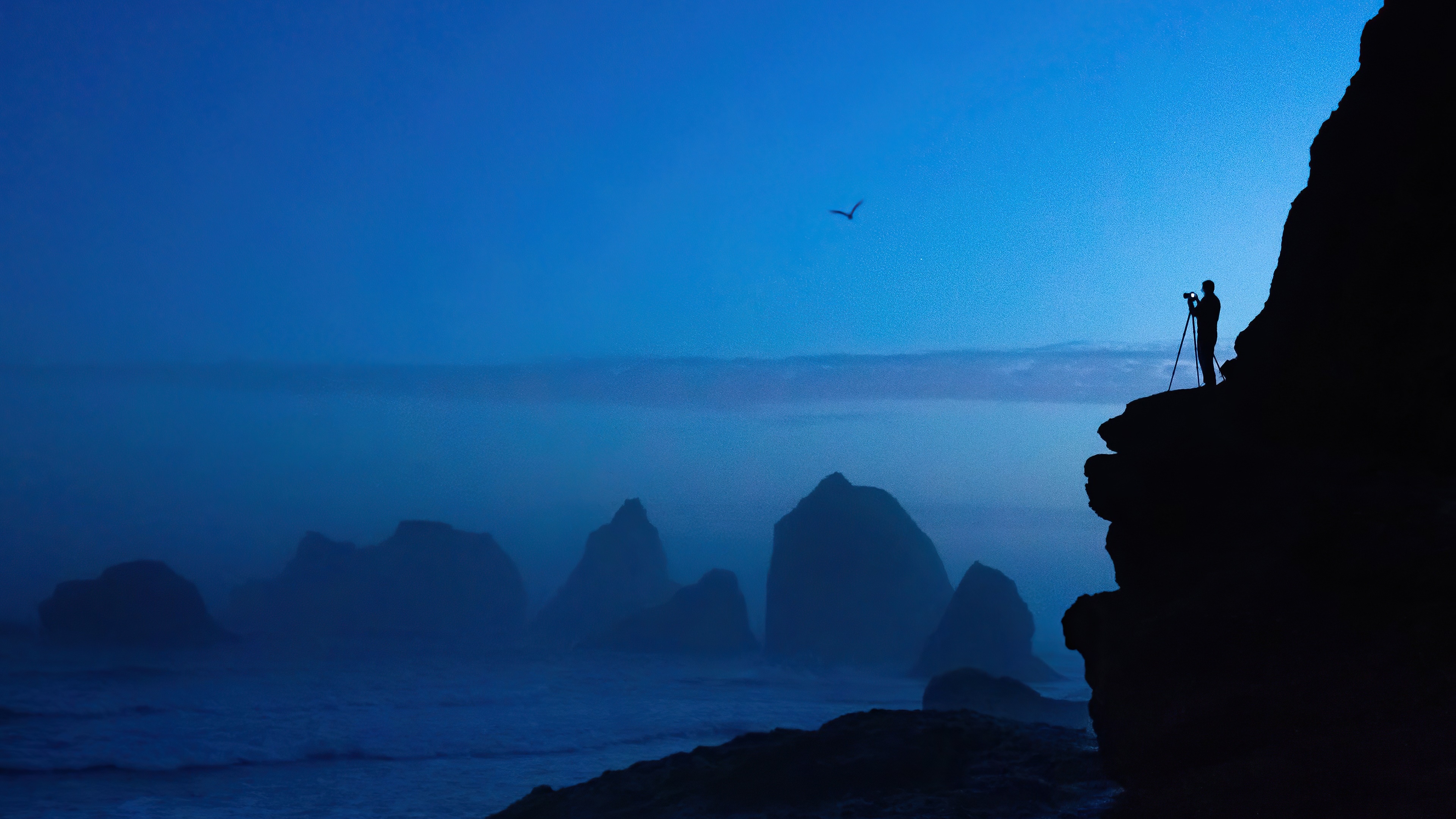 Photographer on cliff overlooking ocean at dusk HD Wallpaper