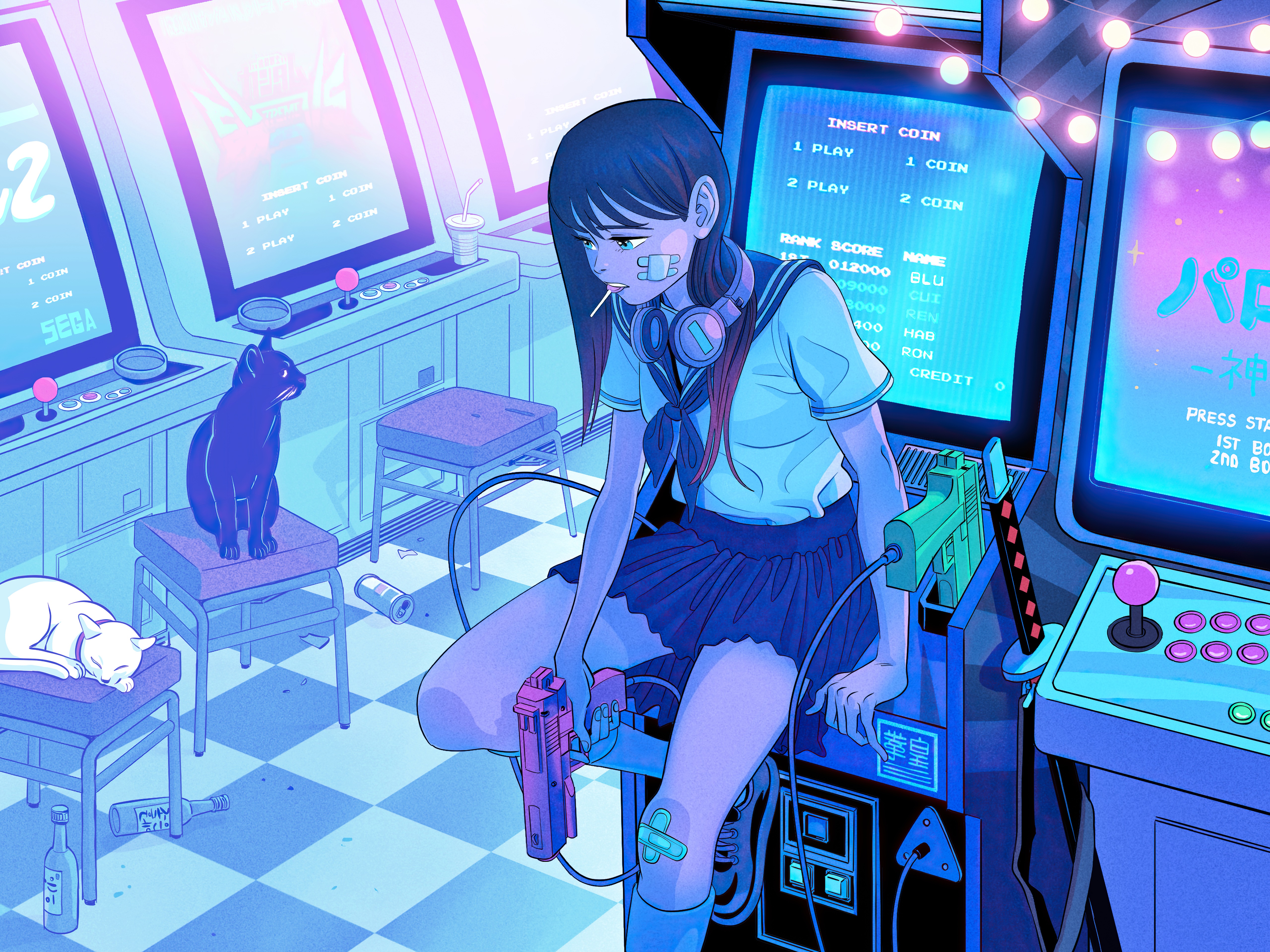Anime girl with guns and cats in arcade HD Wallpaper