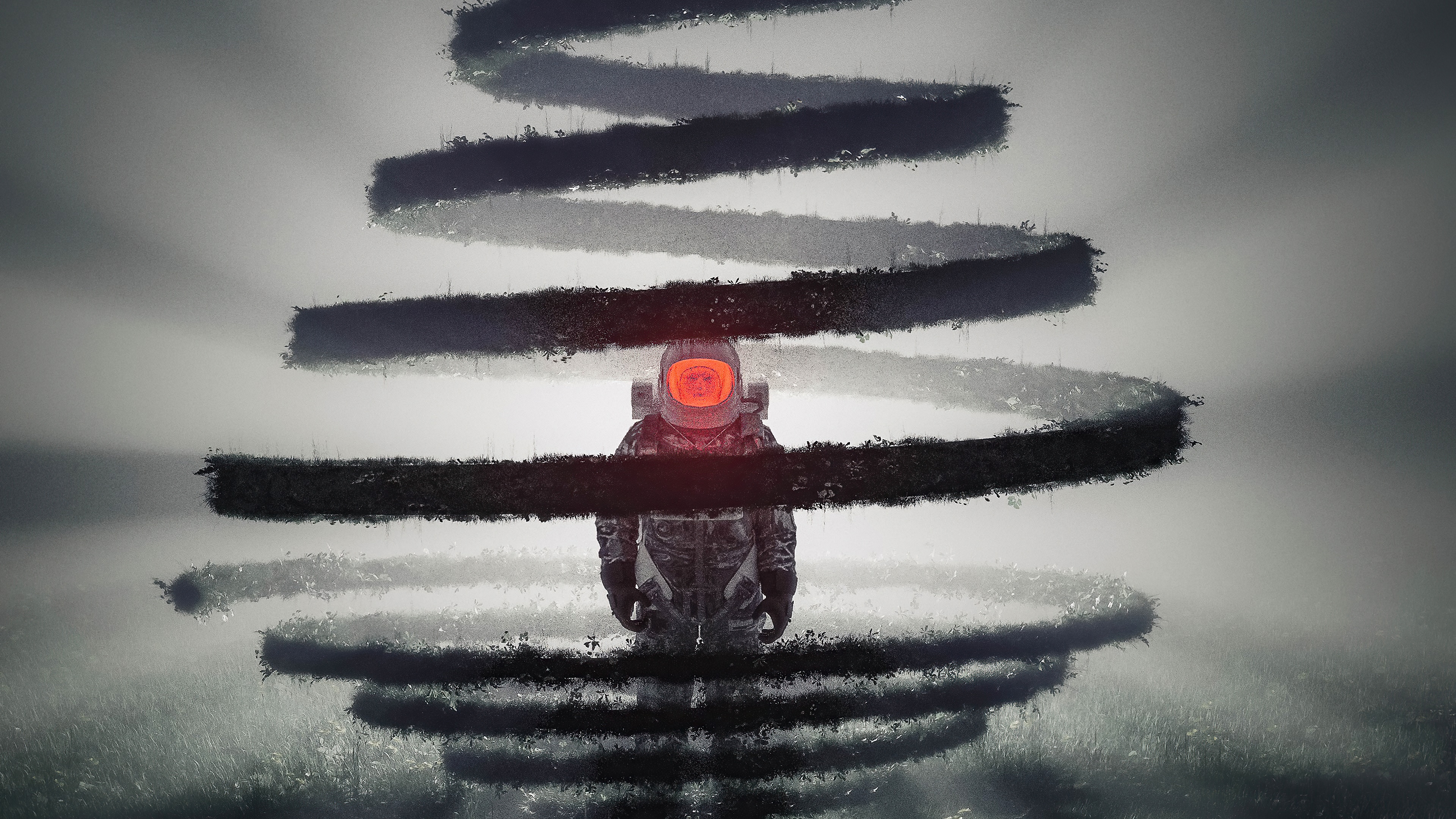Astronaut in a foggy landscape with abstract brushstrokes HD Wallpaper