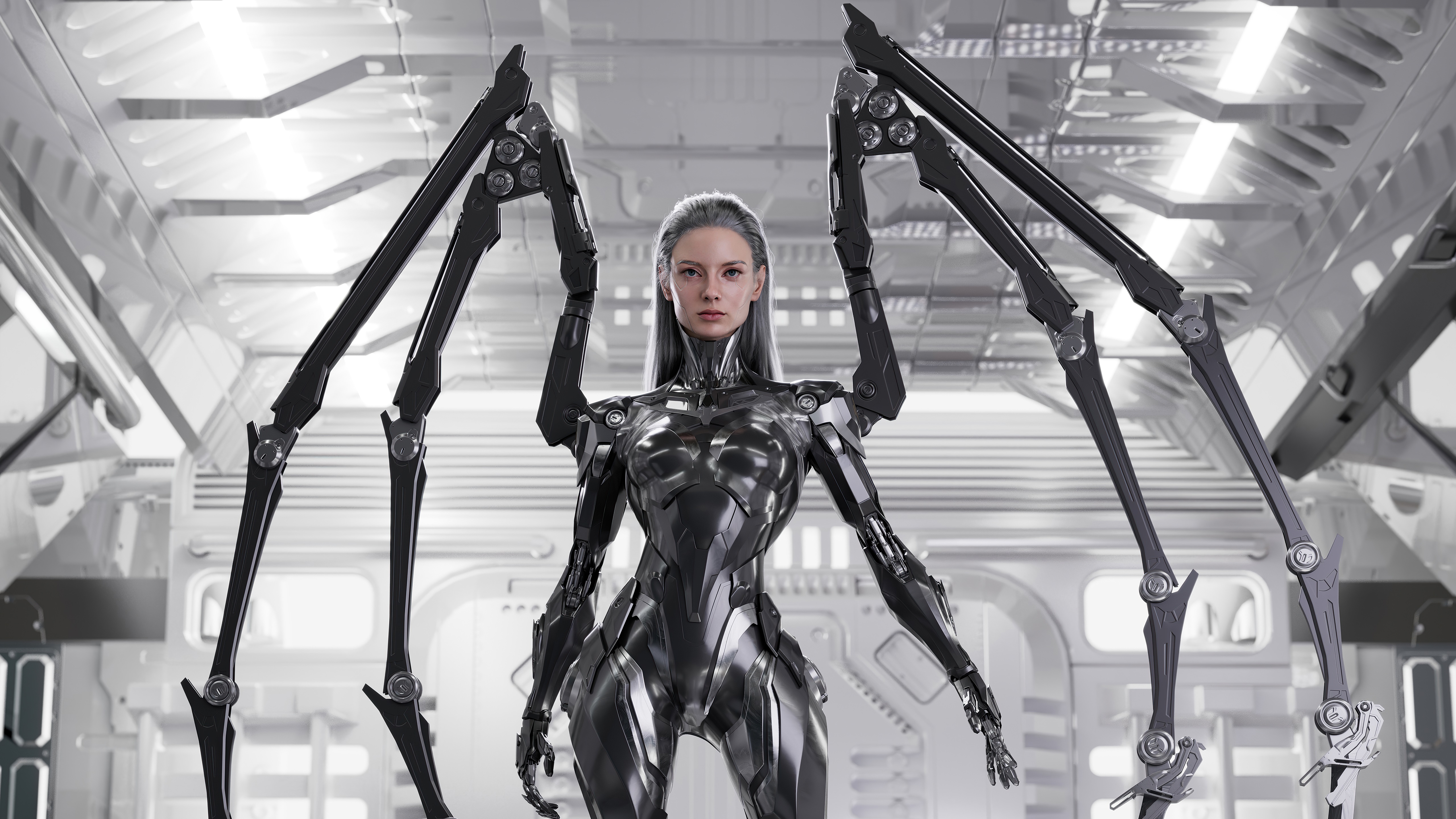 Woman with mechanical wings in a futuristic corridor HD Wallpaper