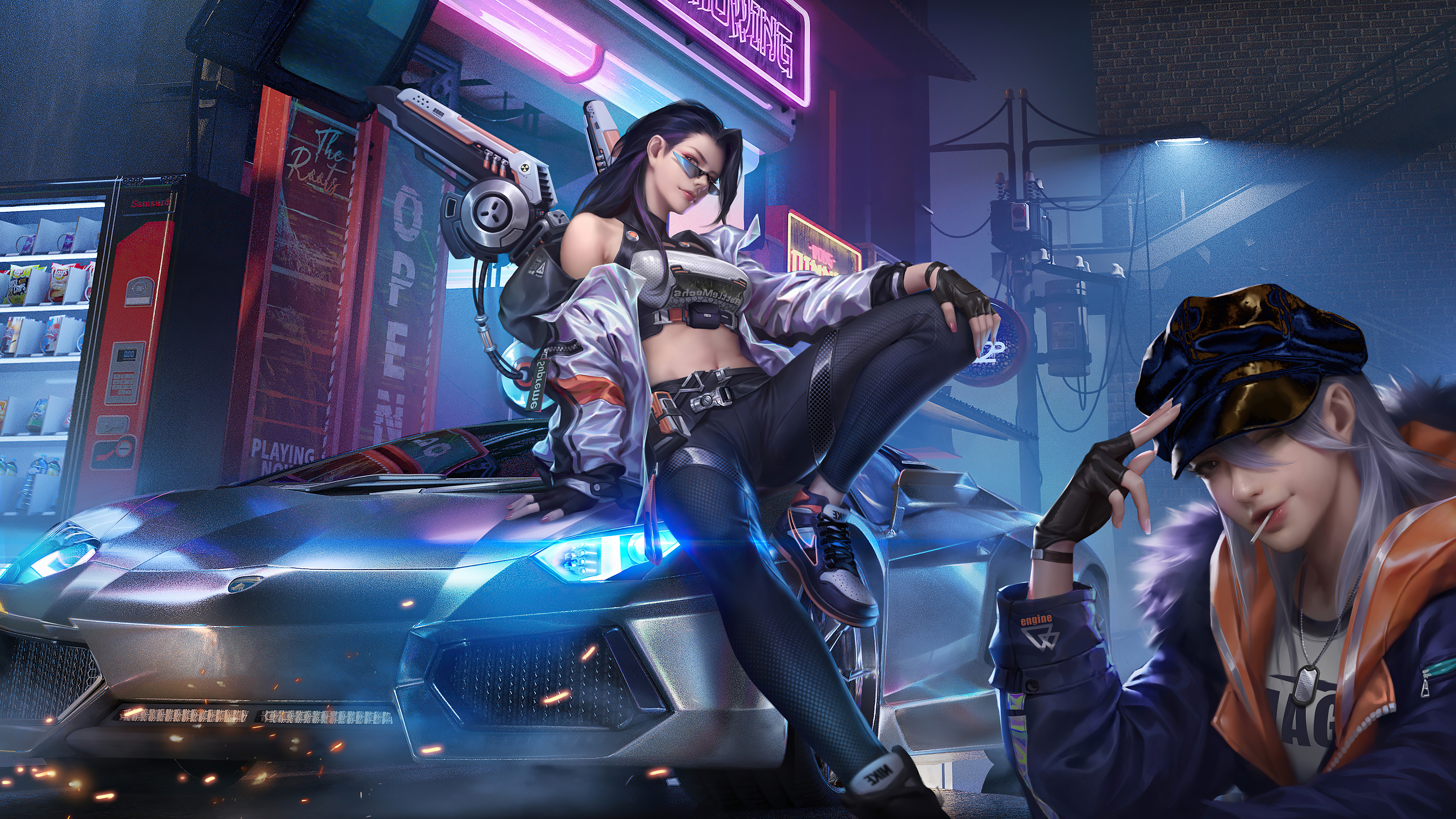 Cyber Hunter characters in a futuristic city HD Wallpaper