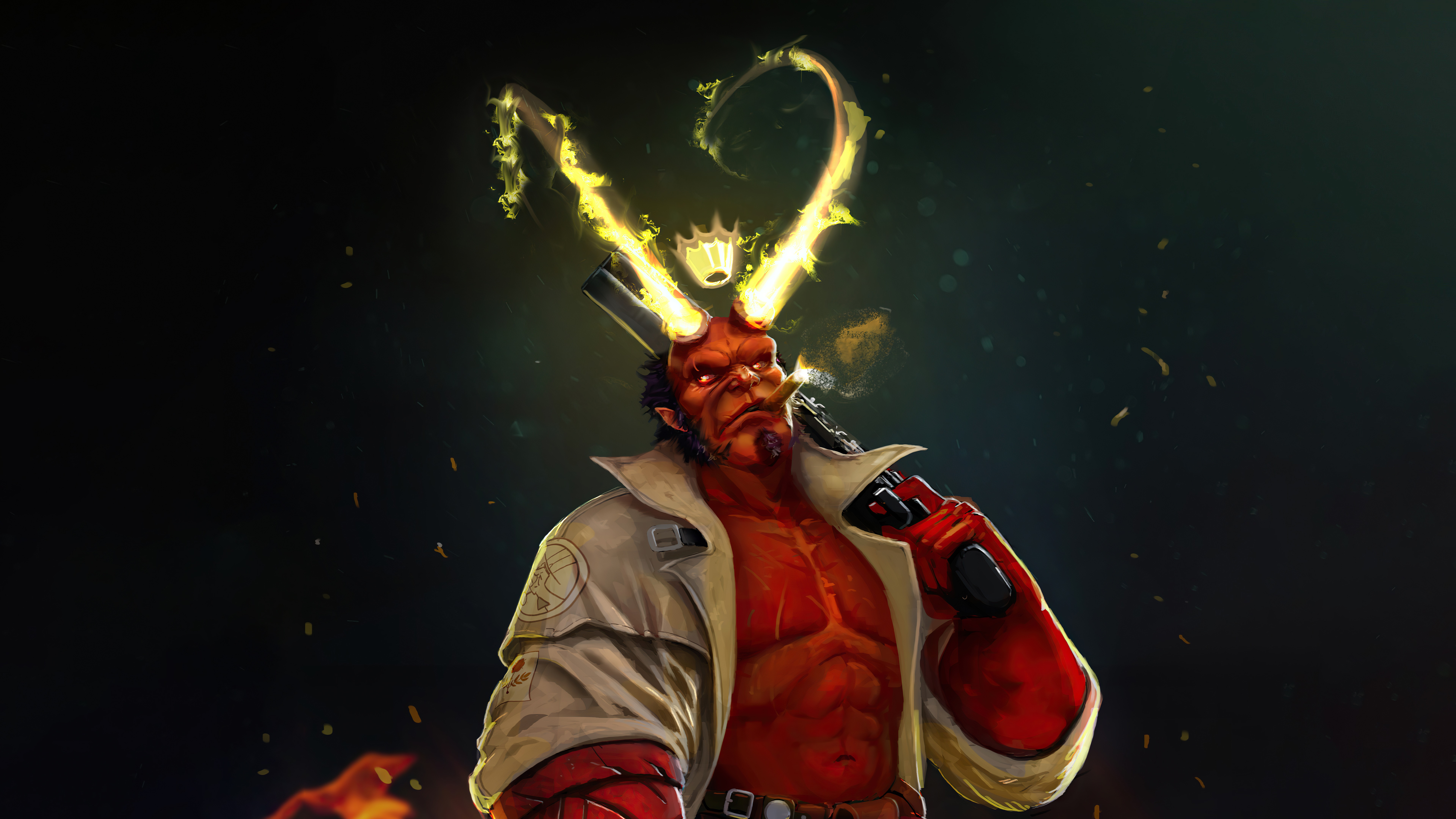 Hellboy with flaming horns and gun HD Wallpaper