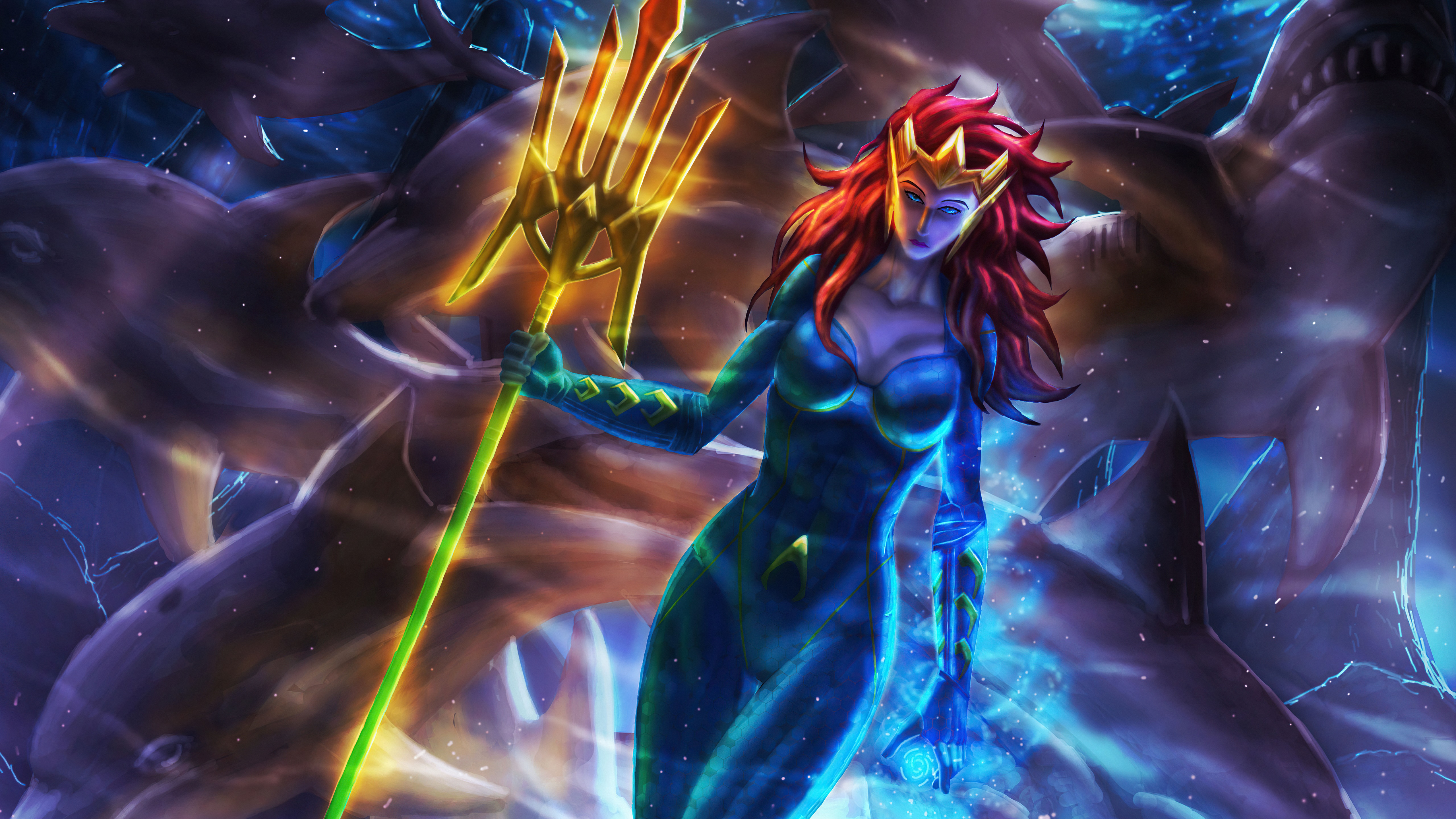 Mera from DC Comics holding a trident surrounded by sharks HD Wallpaper