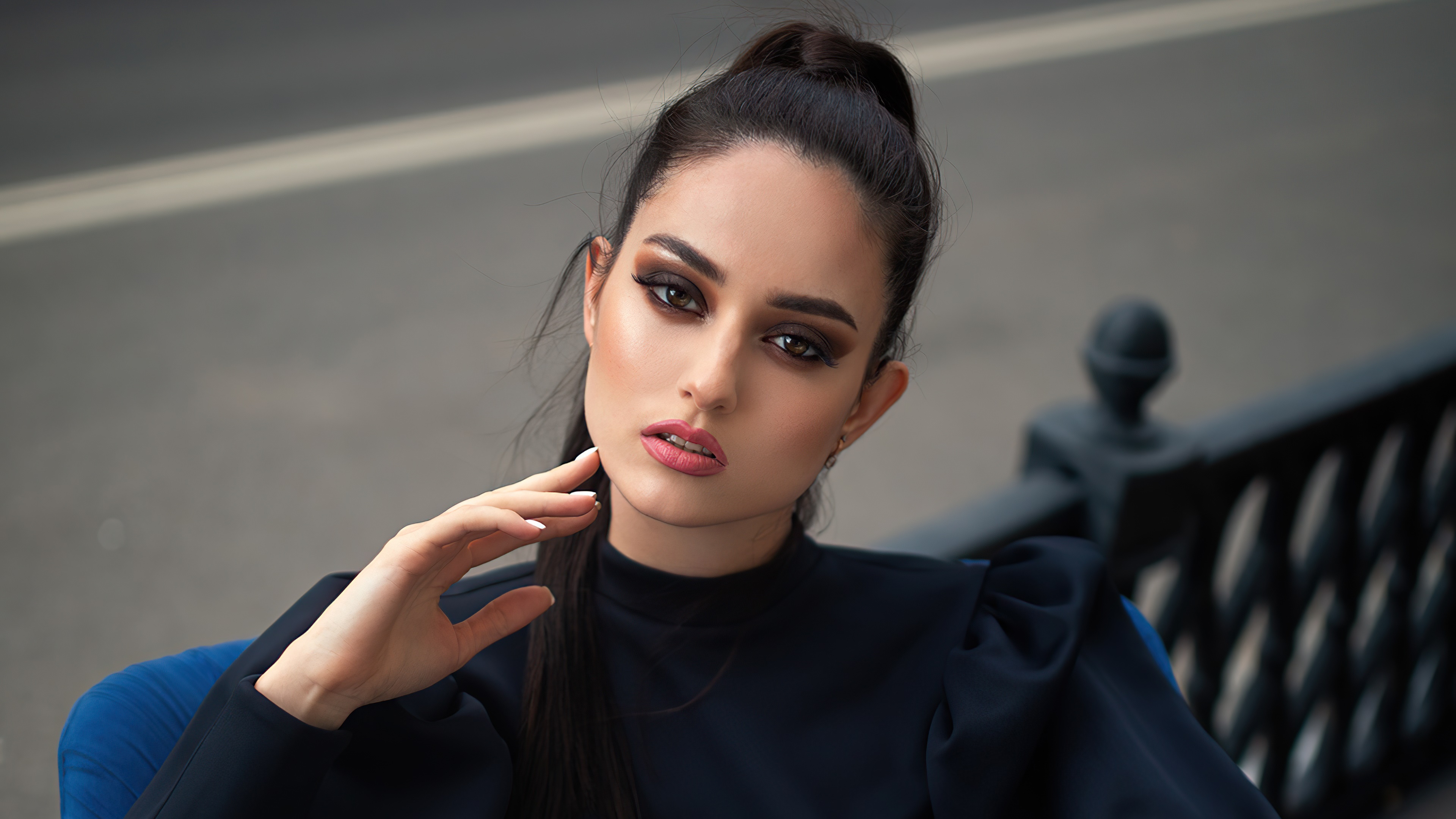 Woman in black dress with makeup HD Wallpaper