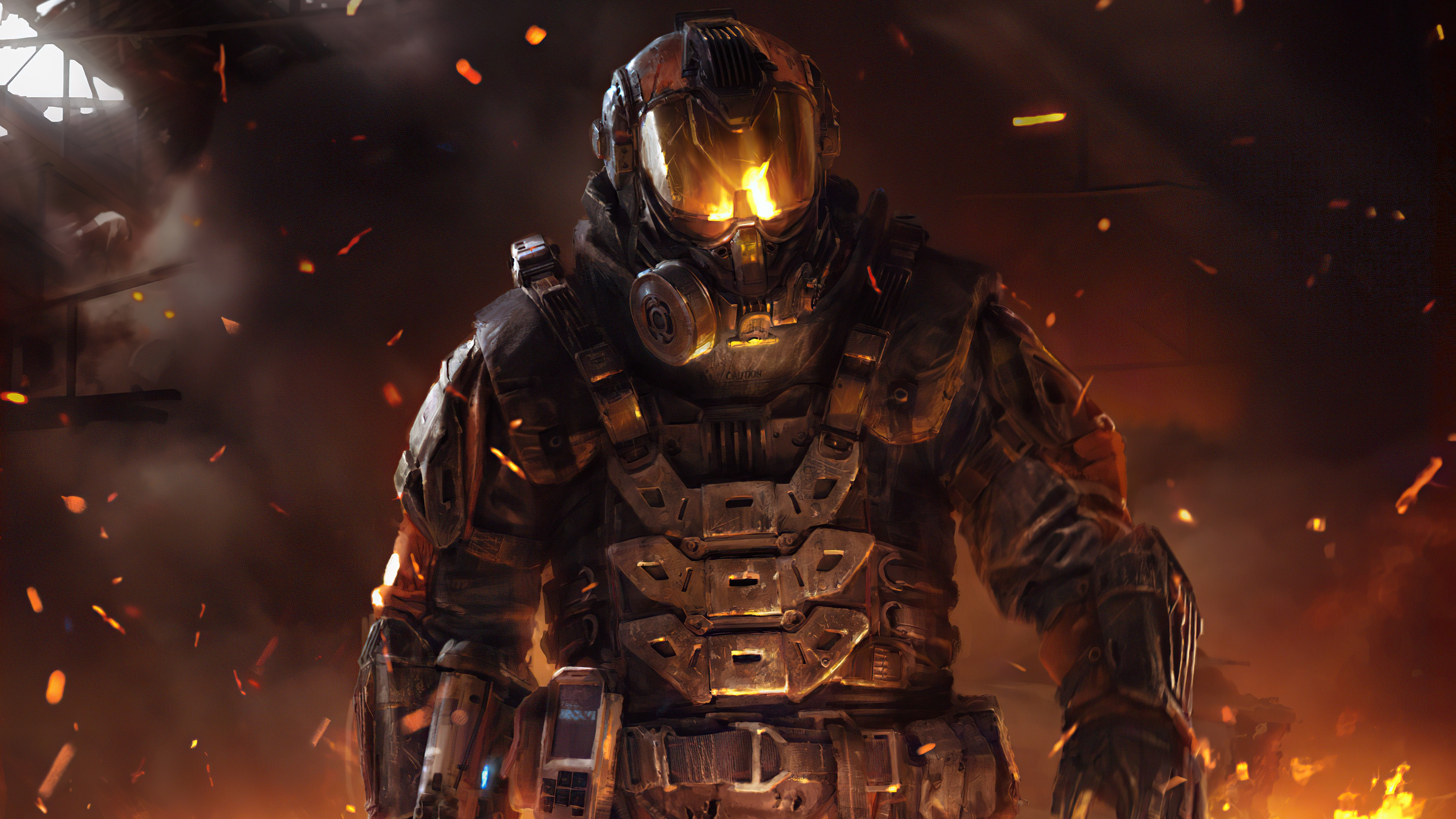 Soldier in armor with glowing visor in a fiery environment HD Wallpaper
