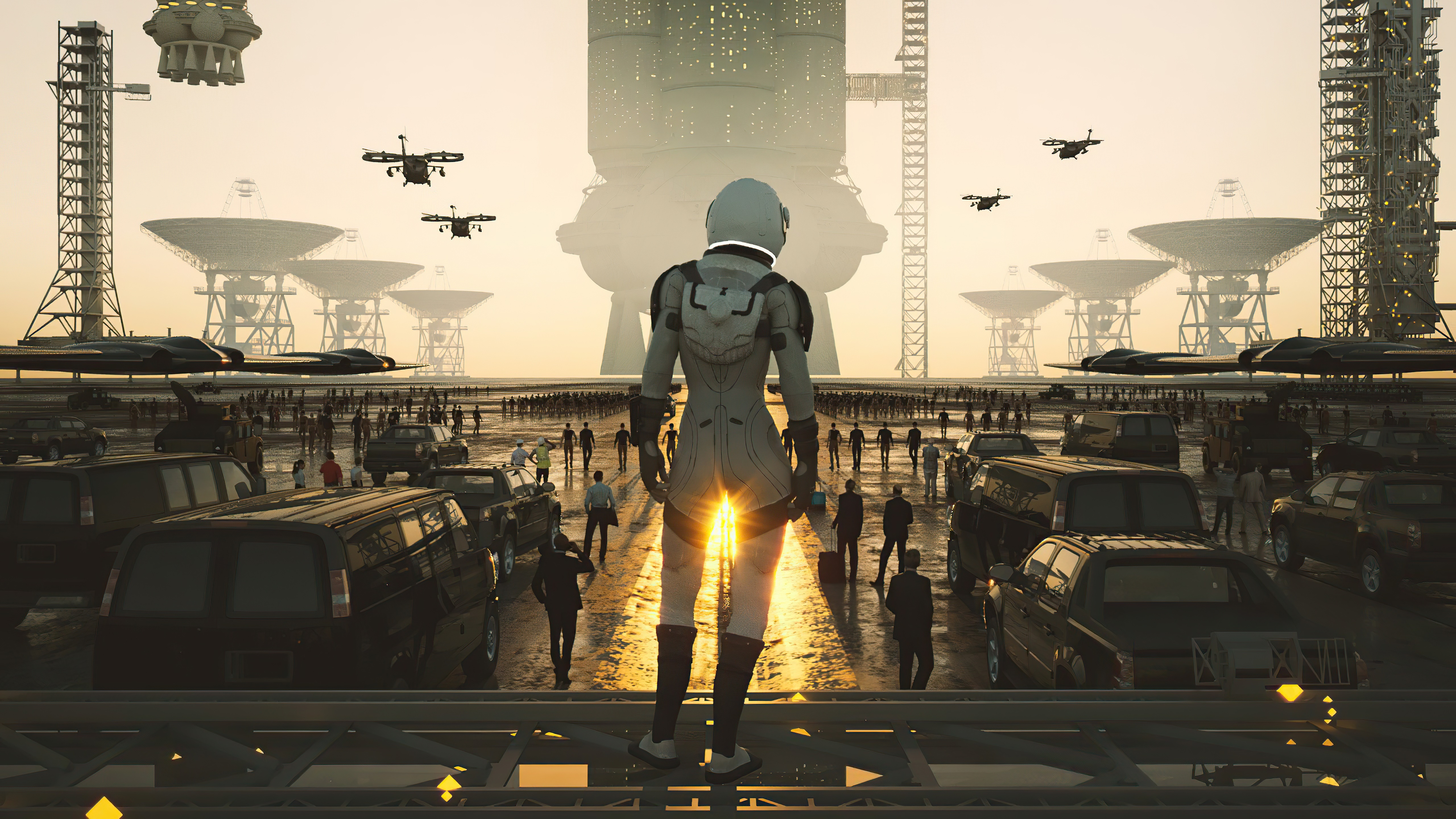 Astronaut in a futuristic scifi landscape with satellite dishes HD Wallpaper
