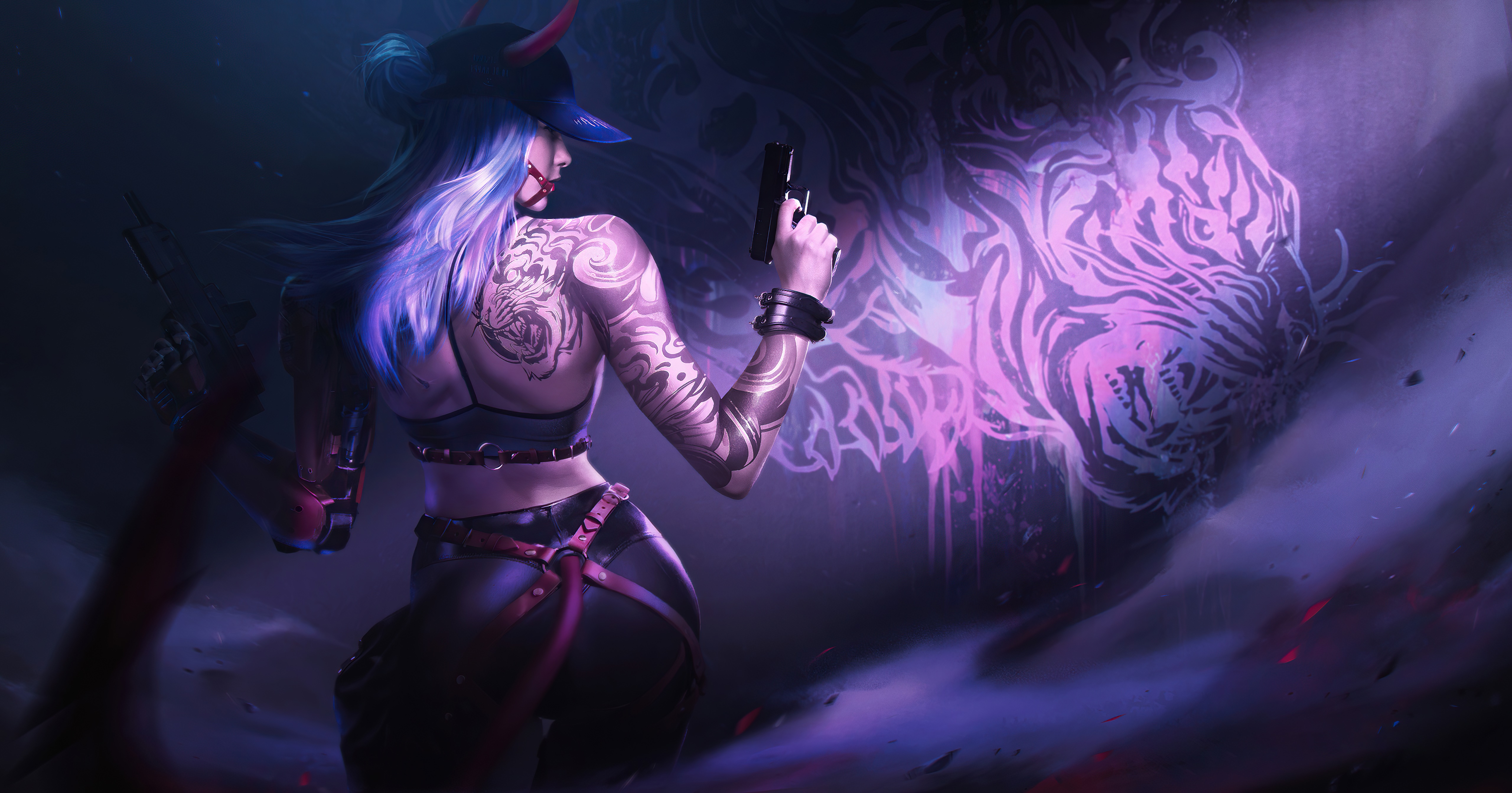 Cyberpunk woman with tattoos and guns HD Wallpaper