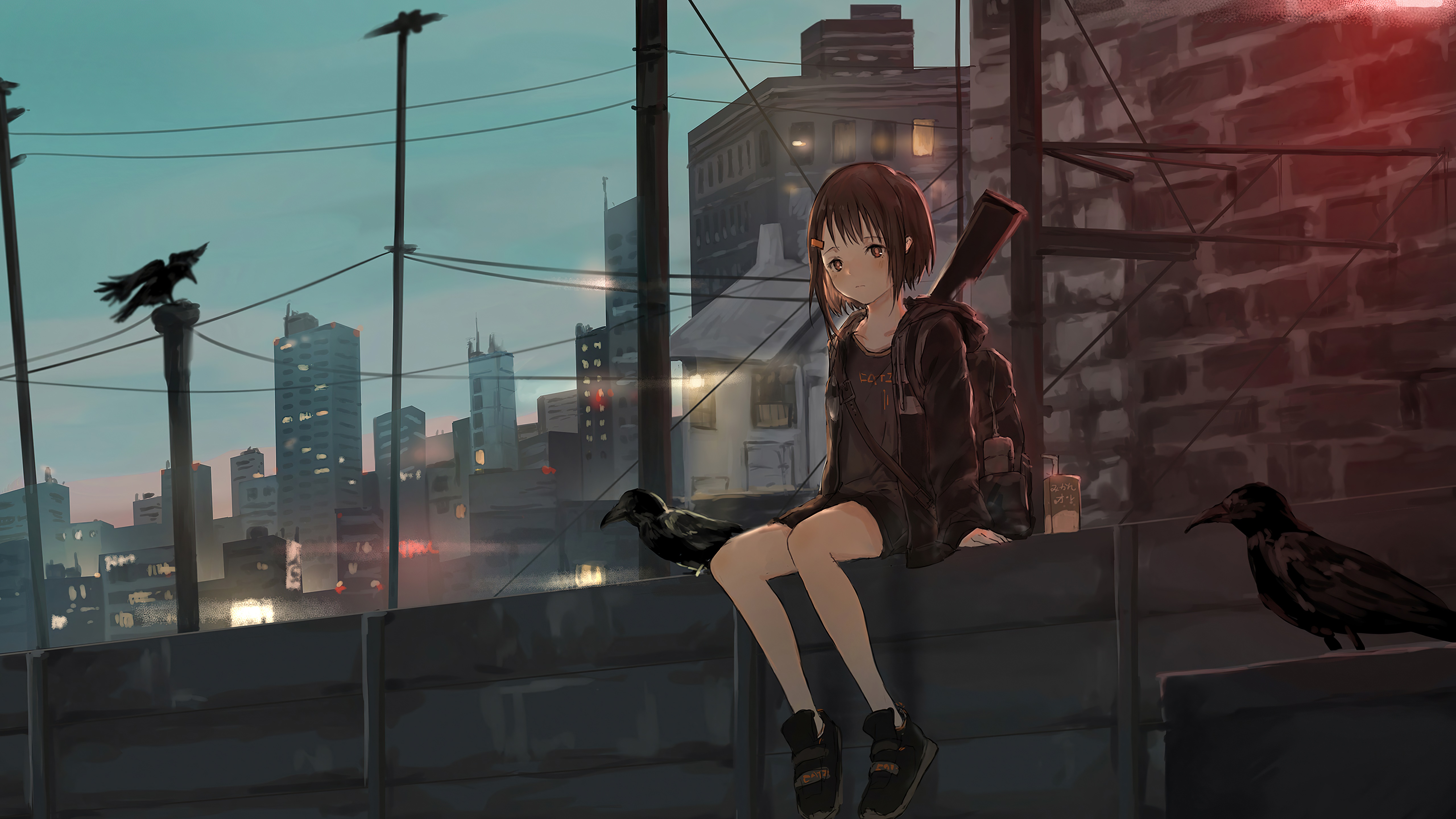 Anime girl with rifle and crows in city HD Wallpaper