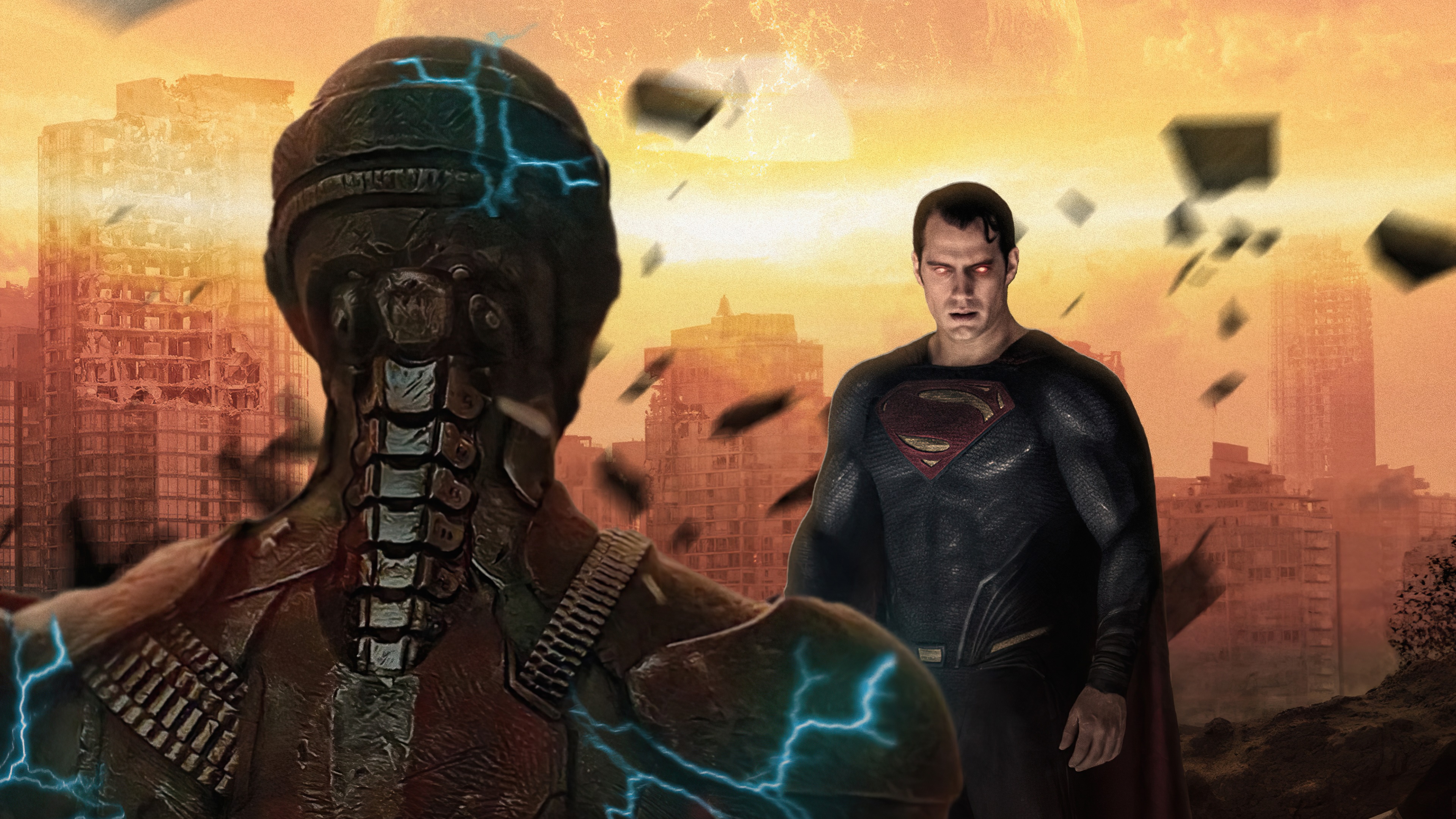 Superman facing a robotic enemy in a destroyed city HD Wallpaper