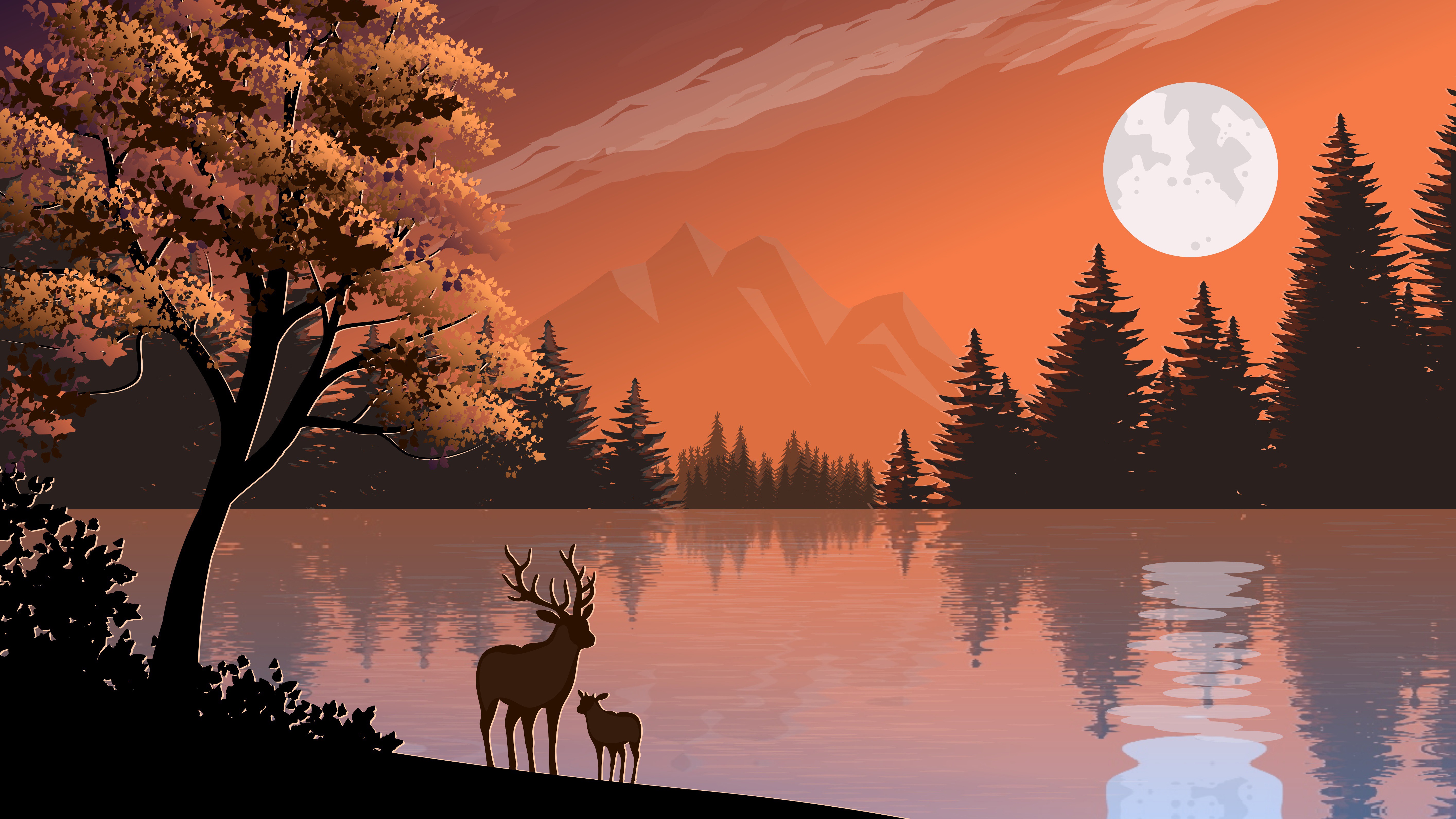 Deer by a lake at sunset with moon HD Wallpaper