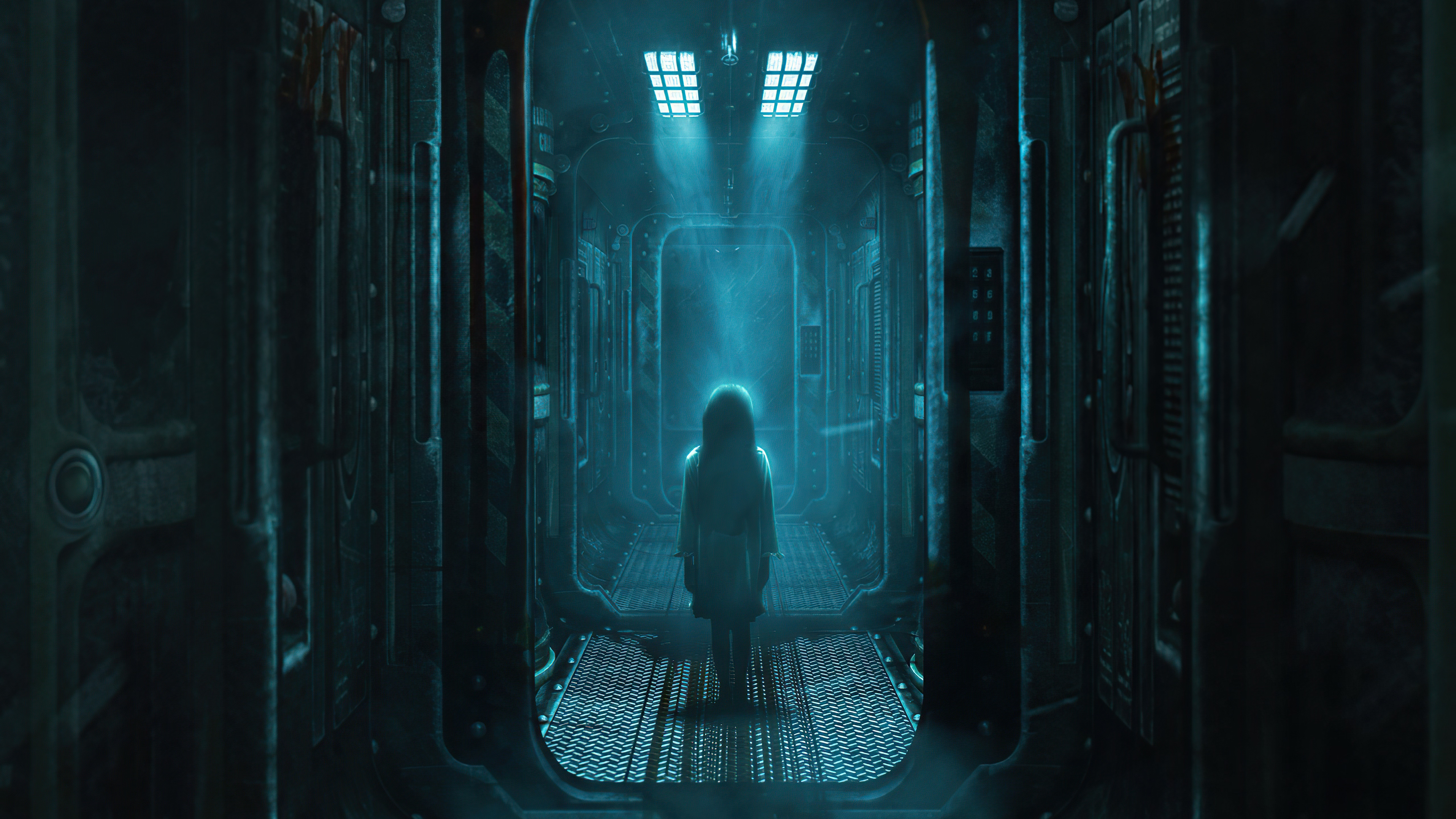 A girl in a dark sci-fi corridor HD Wallpaper