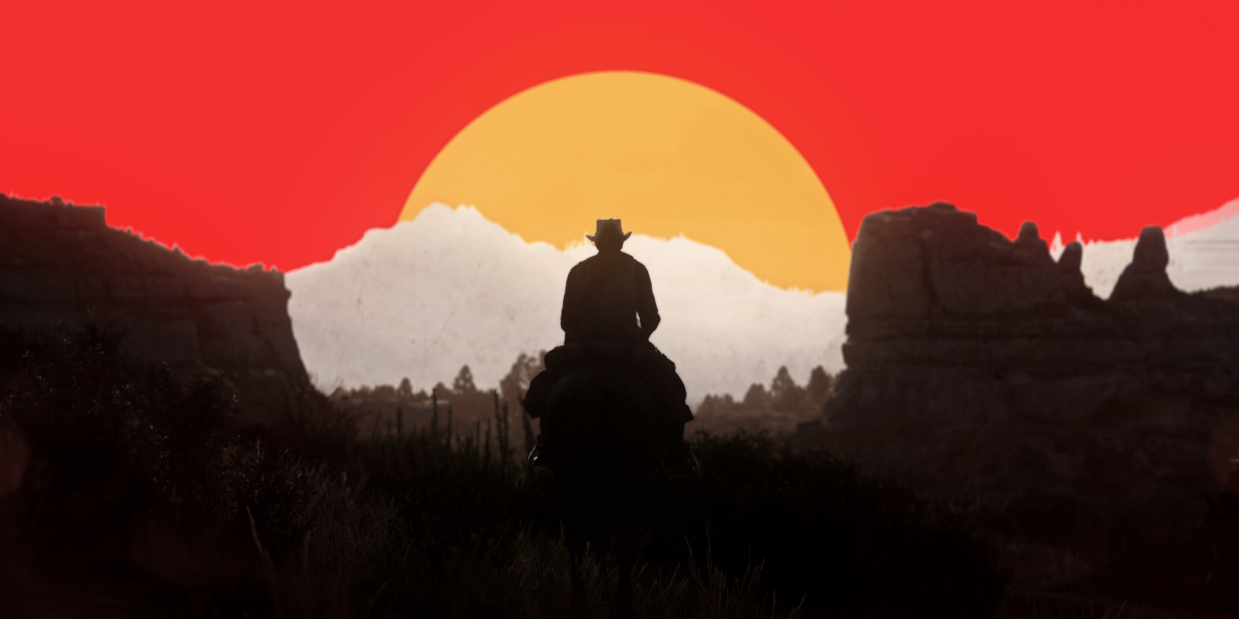 Cowboy on horseback at sunset in Red Dead Redemption 2 HD Wallpaper