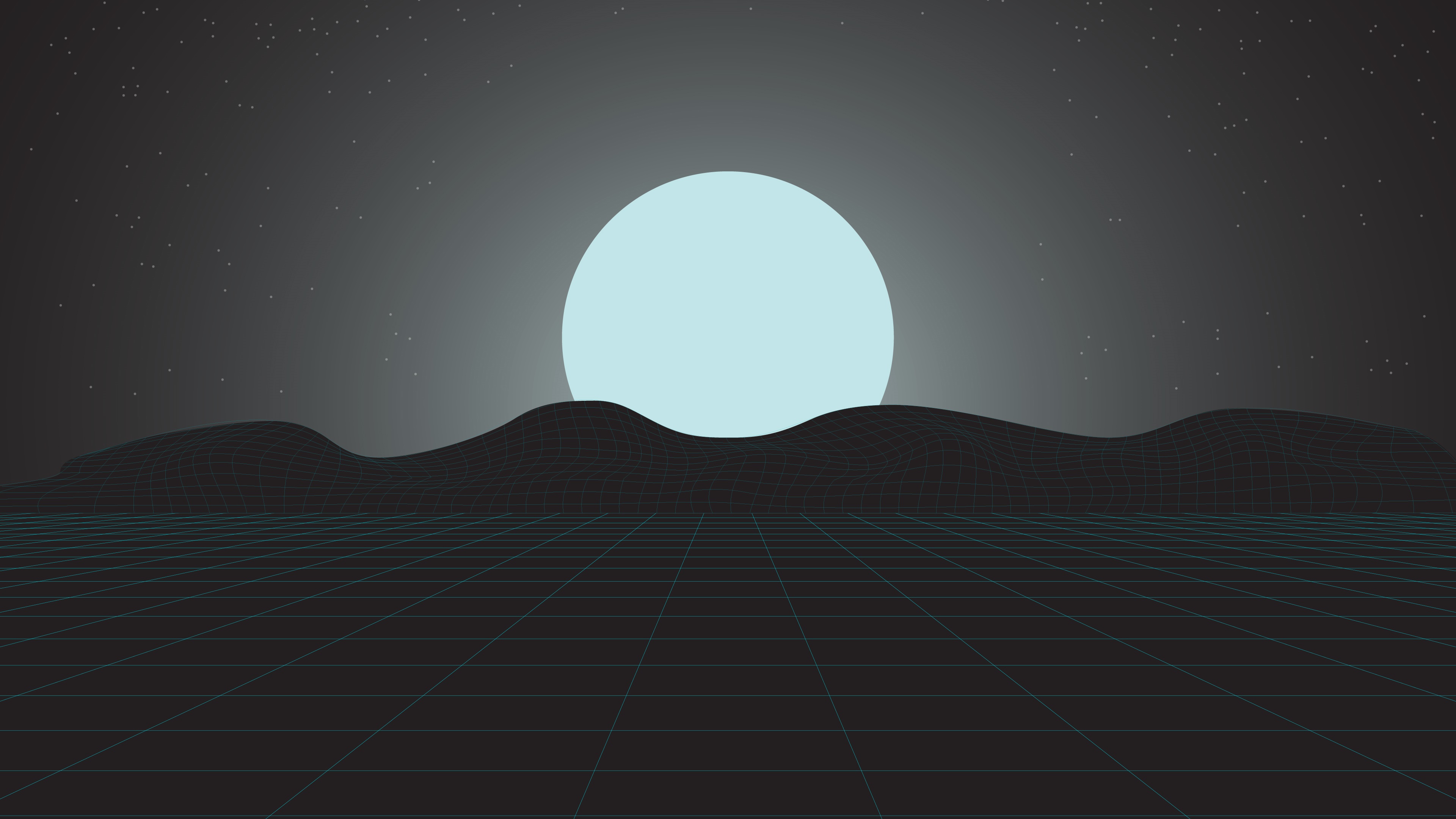 Digital art of a wireframe landscape with a large moon HD Wallpaper