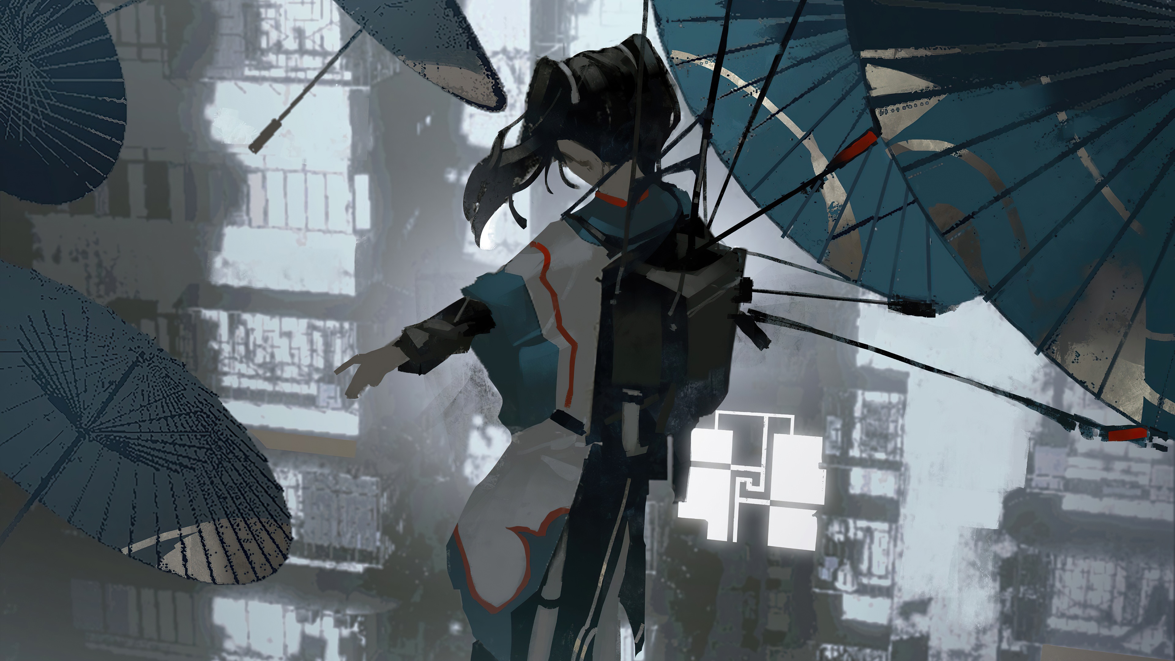 Artwork of a girl with umbrellas in a city HD Wallpaper