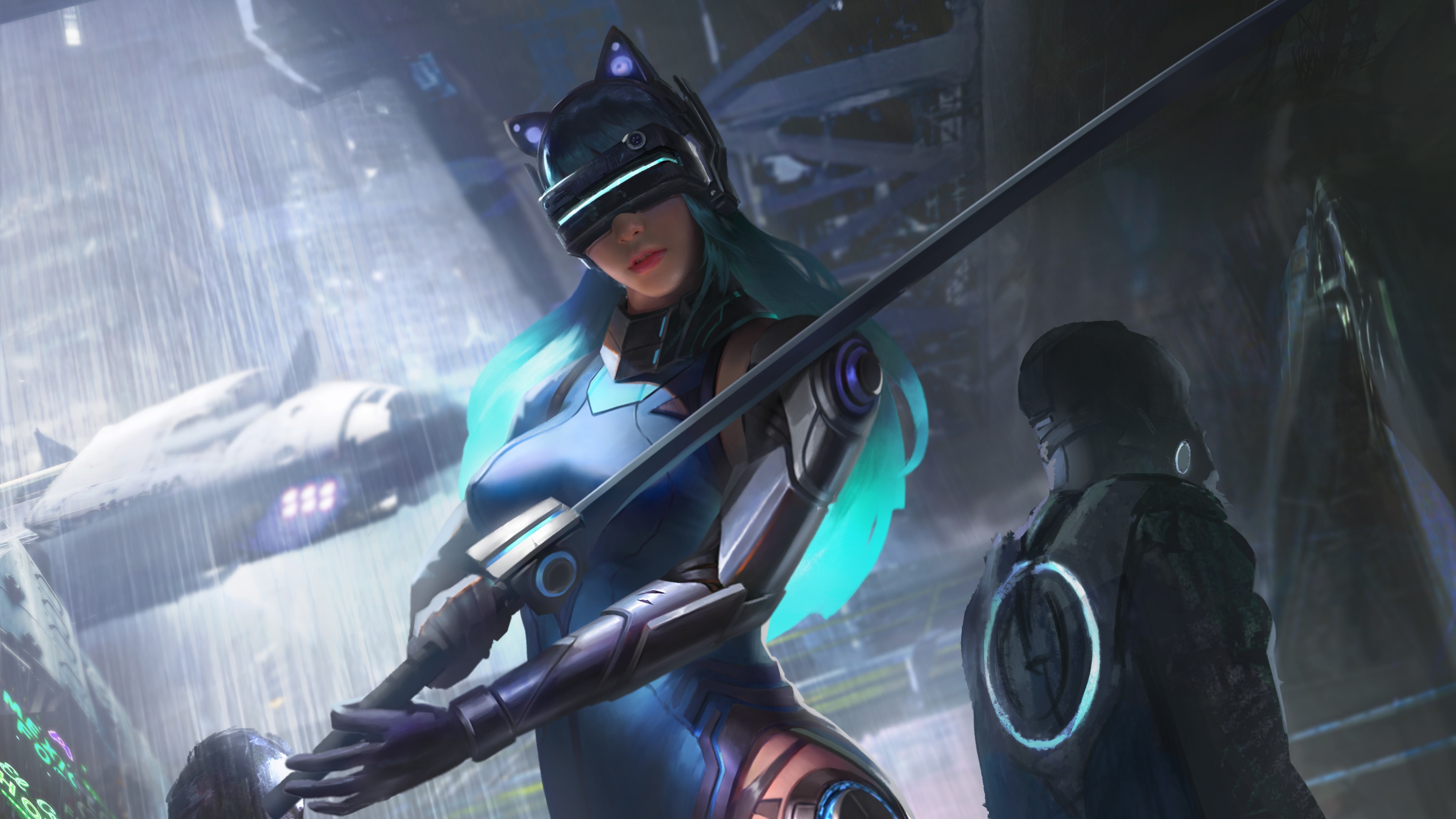 Cyberpunk warrior with sword in the rain HD Wallpaper