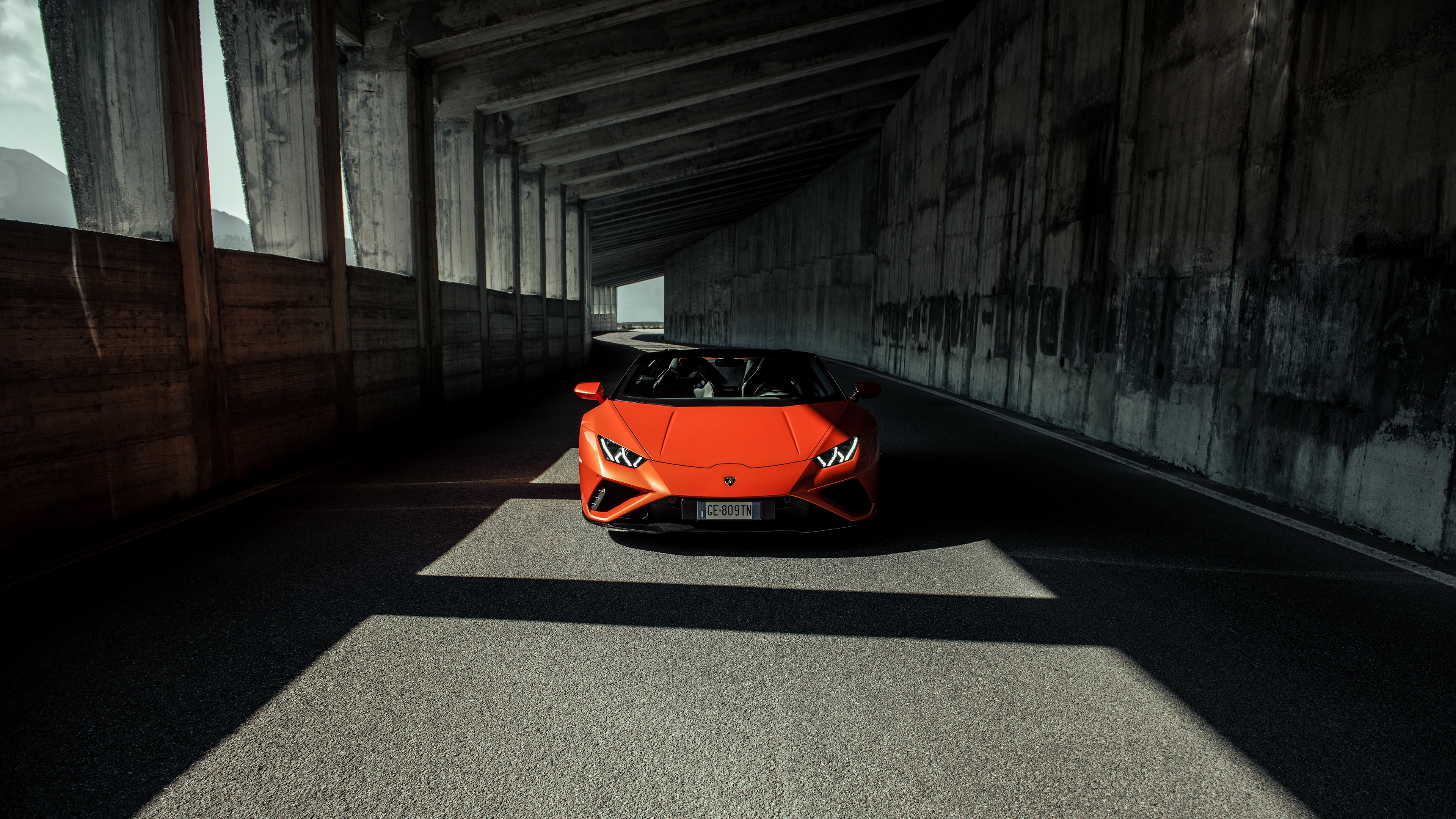 Orange Lamborghini Huracan Evo Spyder in tunnel HD Wallpaper
