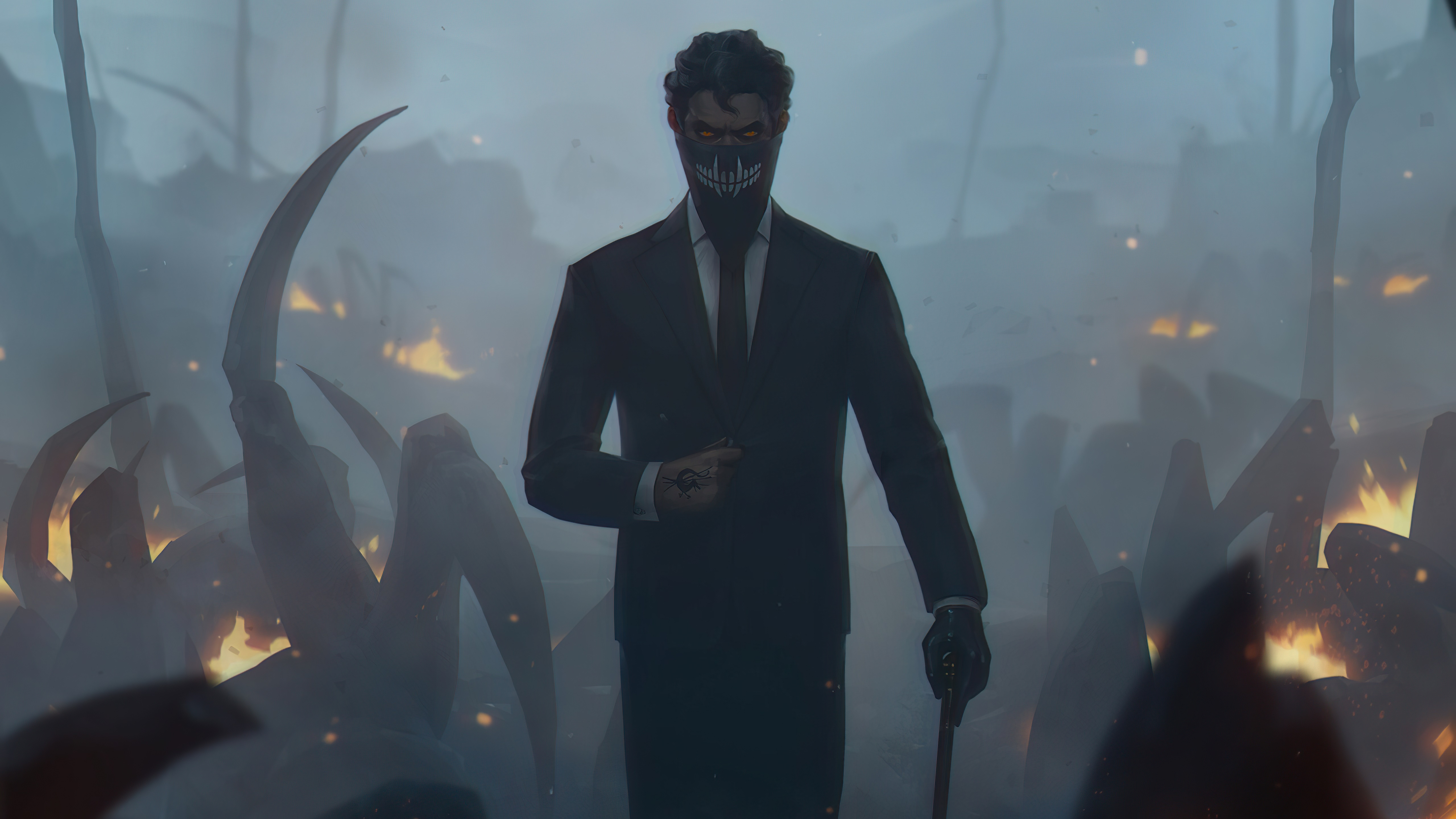 Man in suit with mask and cane in a desolate landscape HD Wallpaper